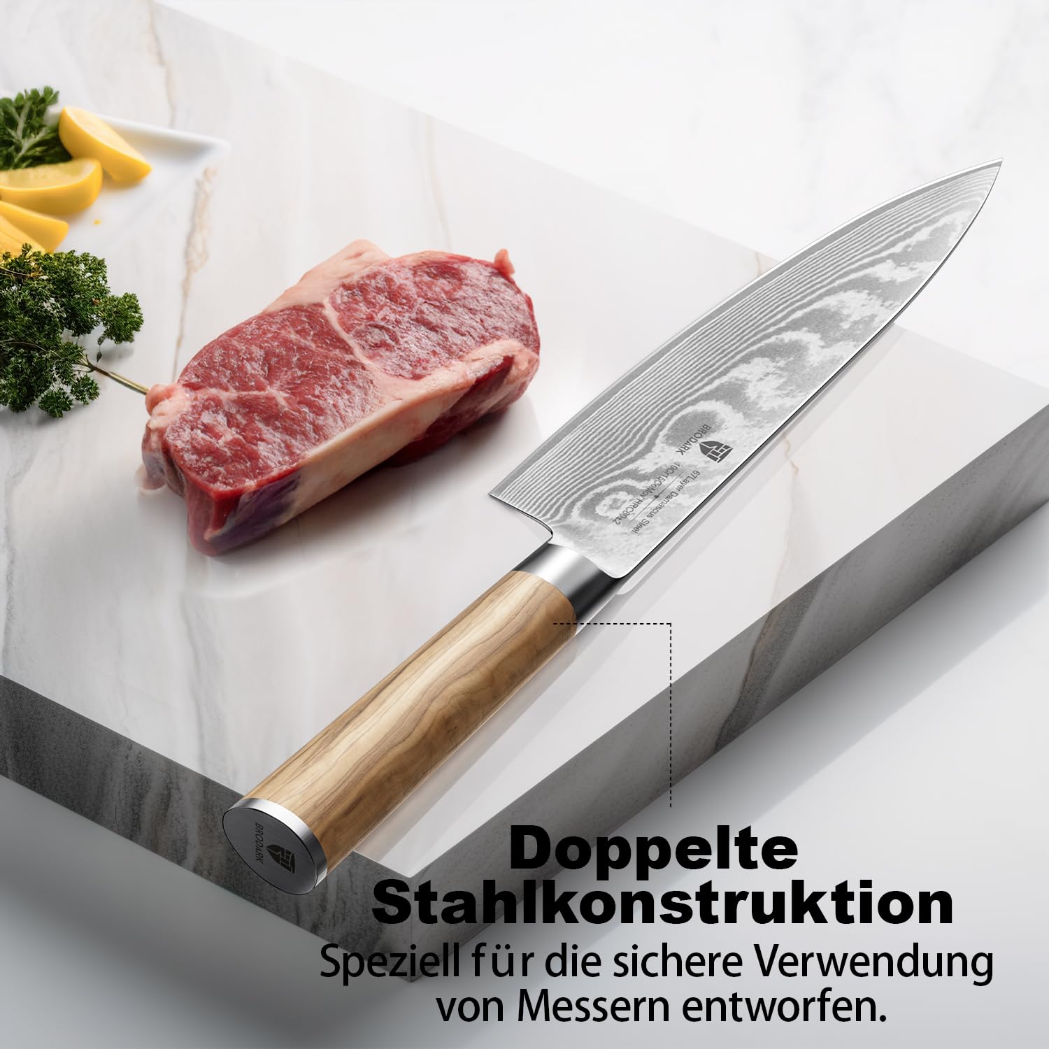 BRODARK Damaszener Kochmesser 8 Zoll,Japanisches Küchenmesser mit VG10 Stahlkern,Ultra scharfes professionelles Kochmesser,Olivenholzgriff,High Carbon Edelstahl