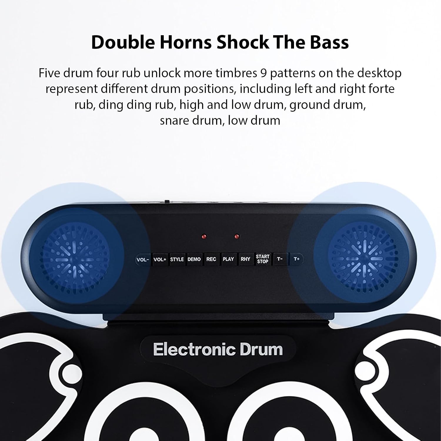 Electronic Drum Set with Dual Speaker Roll-Up Drum Pad 9 Pads Supports BT MIDI Various Audio Connection Headphone Jack 10 Hours Playtime Silicone Practice Pad Drum Kit with Drumsticks Foot Pedal