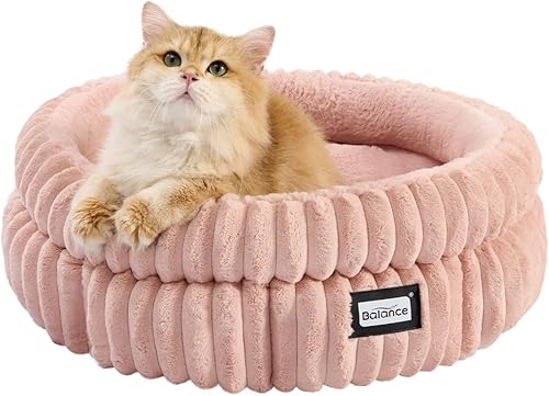 BALANCE Cama para gatos, cama redonda lavable para gatos de interior, cama de felpa súper suave de piel sintética para cachorros y gatitos con parte