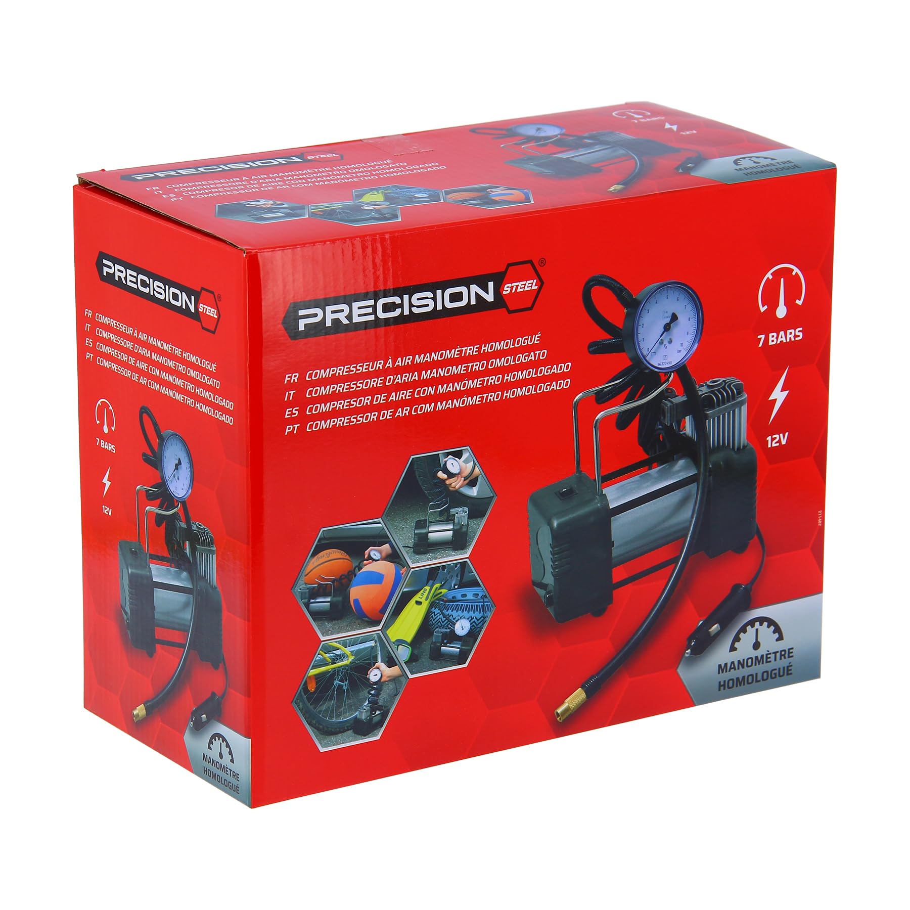 211407 Compresseur 12V Homologué 7 Bars – Gonfleur Pneus Voiture, Moto, Vélo – 29 L/Min