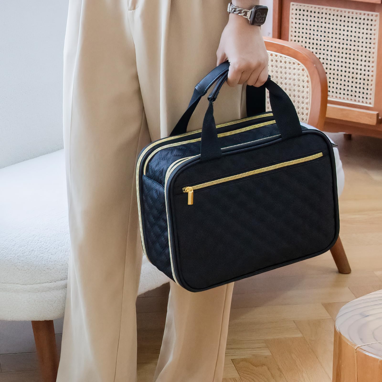 Borsa cosmetica da viaggio a scacchi con scomparti per gioielli, articoli da toeletta, cosmetici