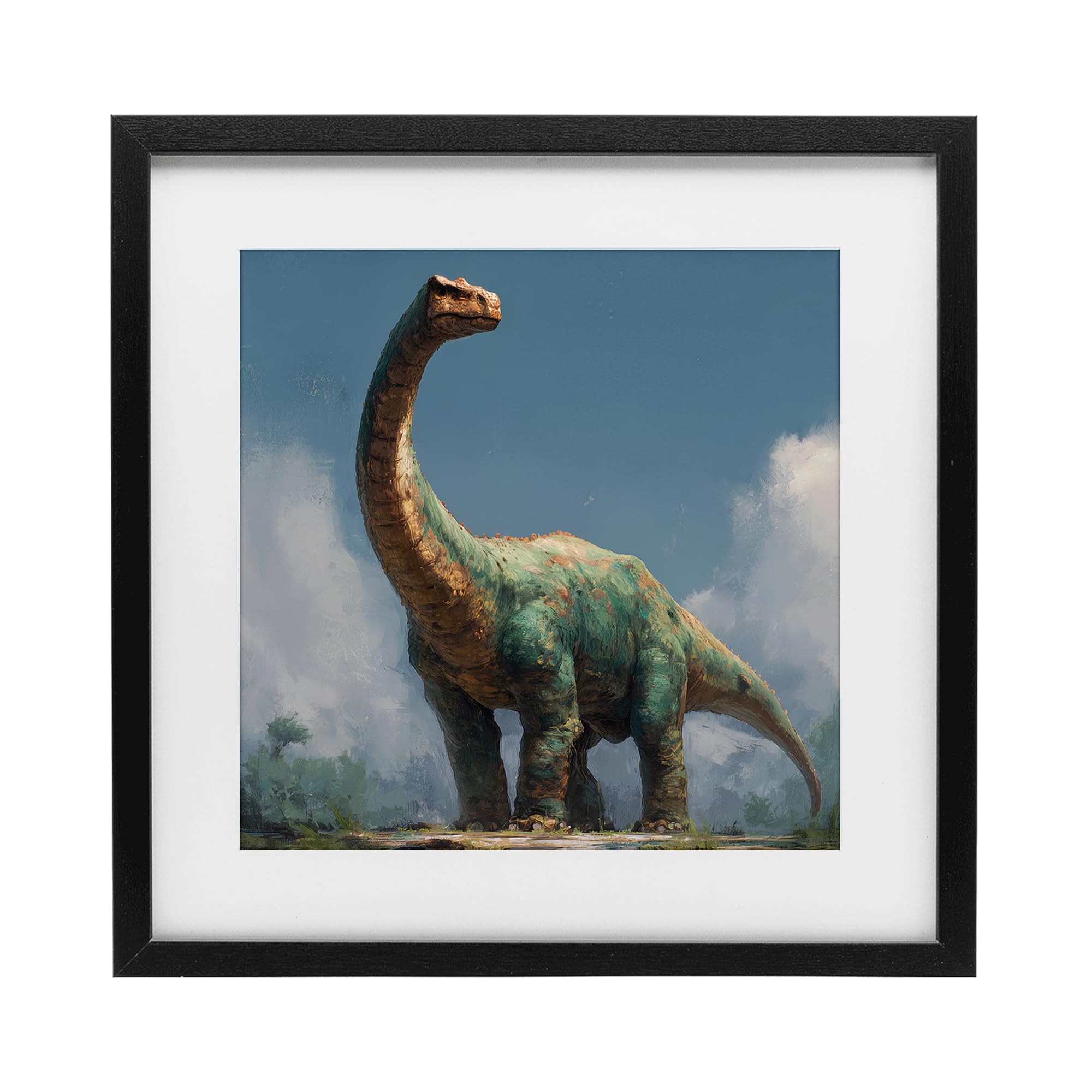 Stupell Industries Midnight Black (Textured) 'Colossal Brontosaurus In Meadow'| Framed Print Under Glass