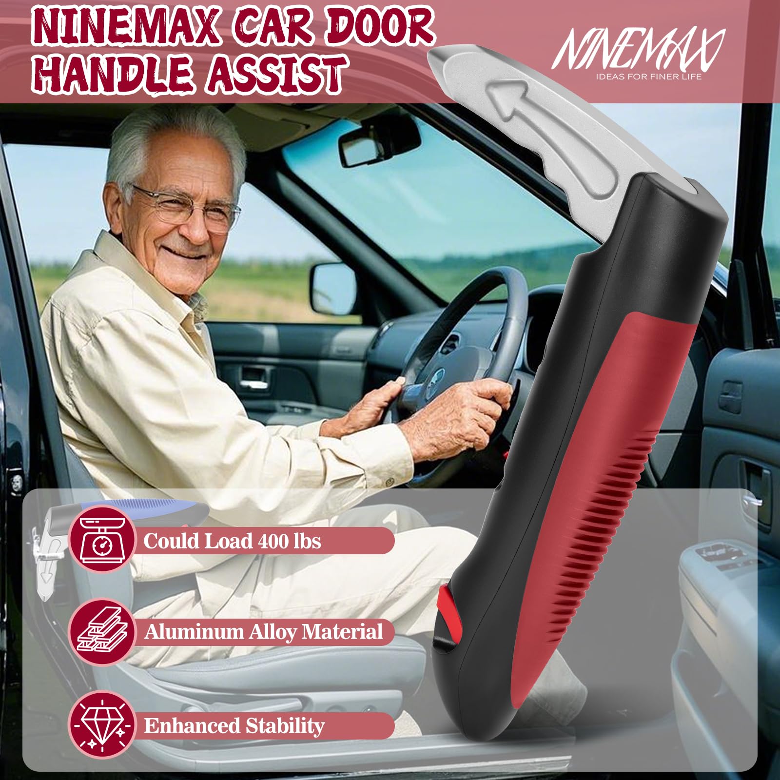 NINEMAX Poignée De Porte De Voiture Pour Personnes âgées - Aide à La Poignée De Voiture - Aide Portable - Aide Pratique Pour Les Personnes âgées (1 Pièce Avec Sangle