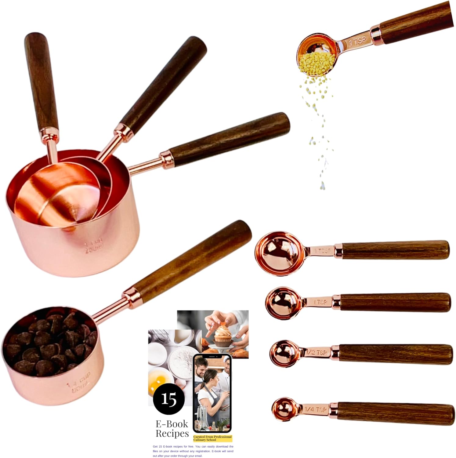 Sweet Degrees Kitchen ROSE Gold Measuring Cups and Spoons Set 8 Pcs, Golden Stainless Steel Measuring Spoon and Measuring Cup Set - 4 Measuring Cups And 4 Measuring Spoons for Baking and Cooking