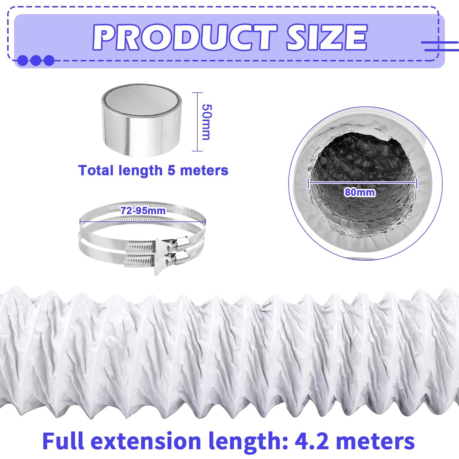 80mm Tumble Dryer Vent Hose 4.2m Long PVC Aluminium Flexible Ducting Hose with 2 Clamps,1 Volume Tape White Air Ducting Vent for Air Conditioner HVAC Ventilation - Image 2