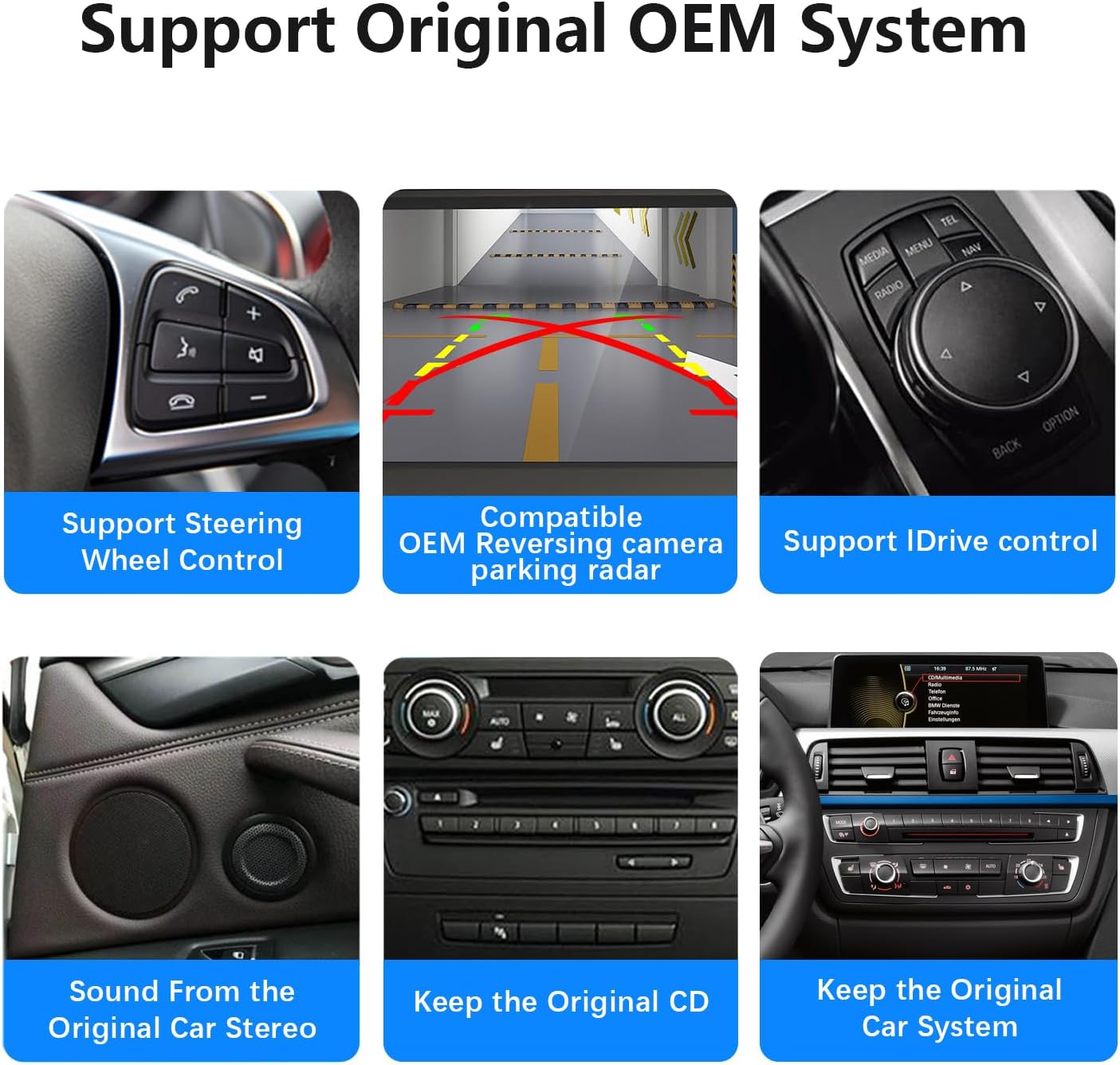 Image collage showing various original BMW features supported by the new system: steering wheel control, OEM reversing camera, iDrive control, original car stereo sound, original CD retention, and original car system retention.