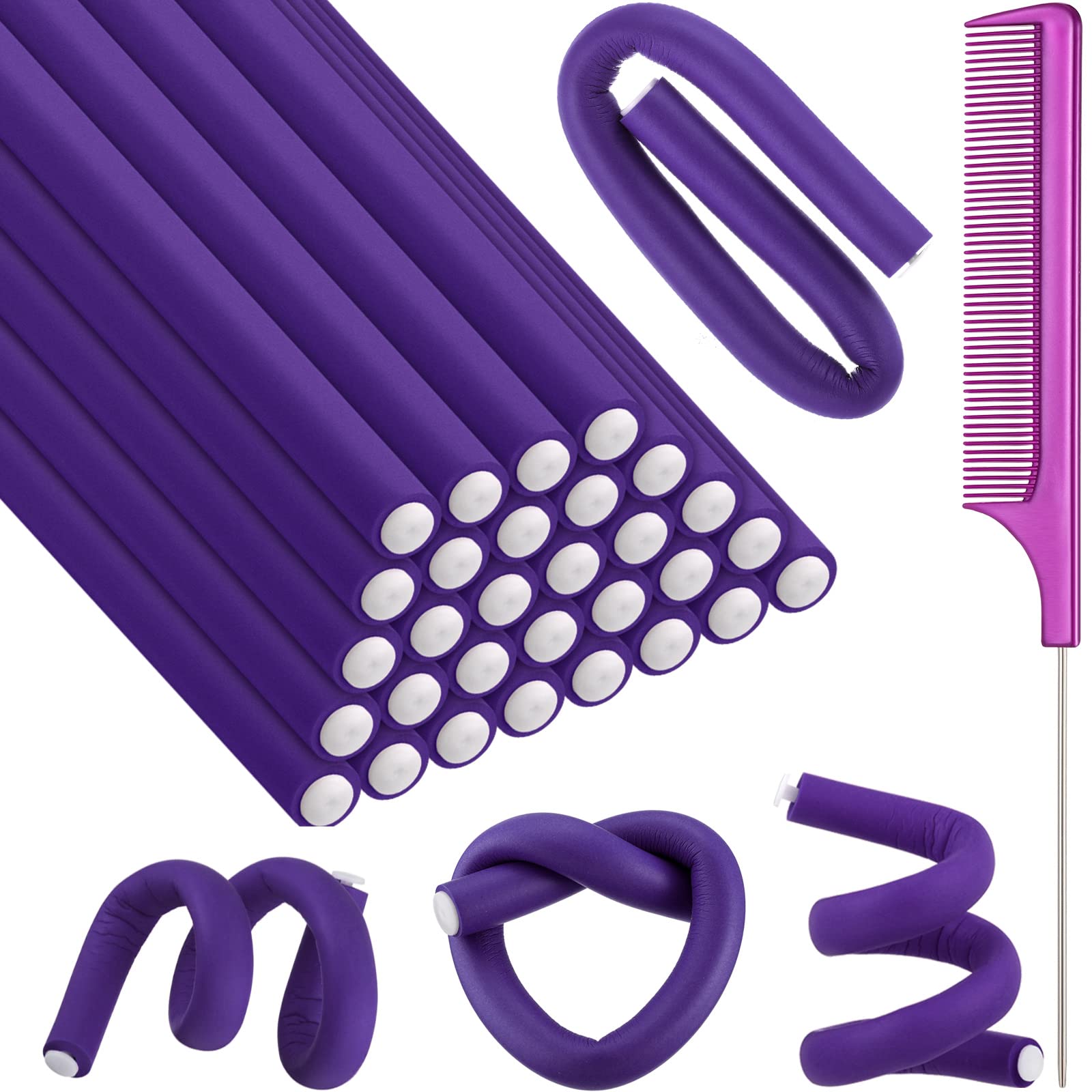 30 bigodini flessibili per capelli in schiuma, girevoli, morbidi, senza calore, e 1 pettine a coda di topo in acciaio, per donne e ragazze, per capelli lunghi e corti (viola, 24 x 1,2 cm)