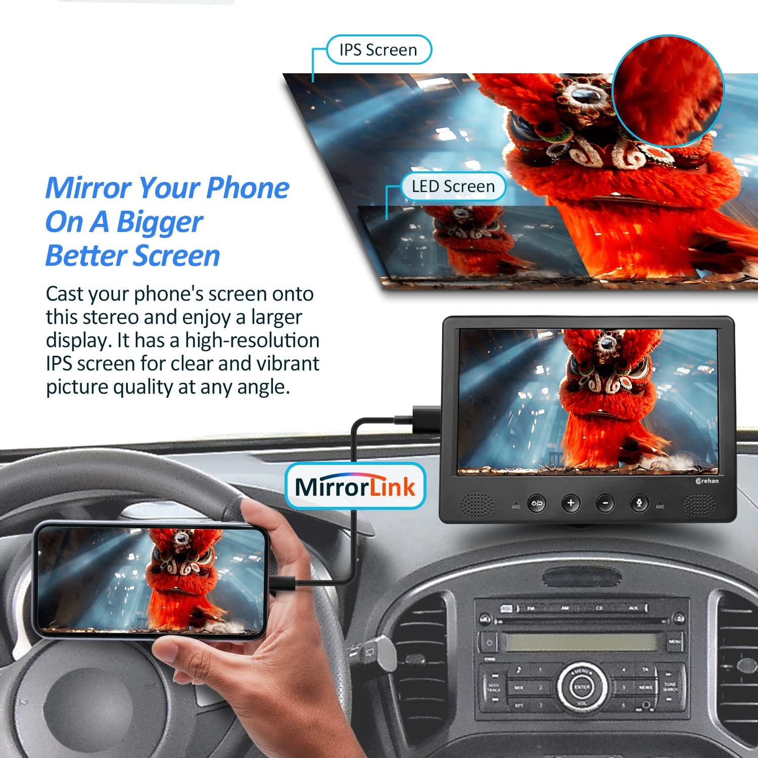 Image showing a smartphone connected via cable to the Corehan portable car stereo, mirroring the phone's screen onto the larger IPS display.
