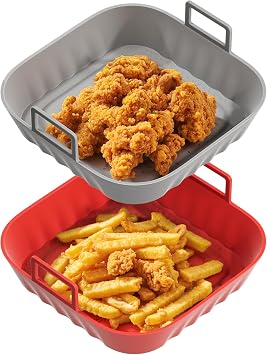Li&Zhao Silicone Air Fryer Liners Reusable - 2 PCS Square Air Fryer Inserts Air Fryer Accessories 4 to 7 Qt Silicone Liners Basket for Kitchen Red & Gray
