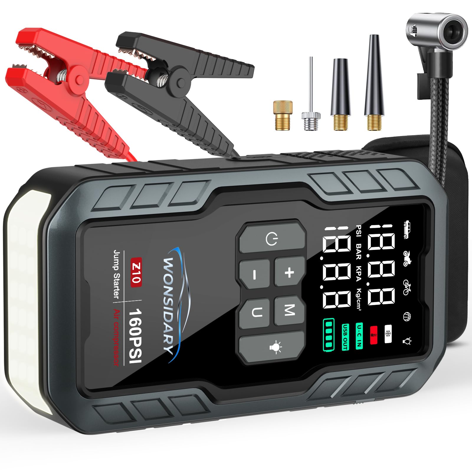 Wonsidary 7000A Starthilfe Powerbank für PKW mit 160 PSI Kompressor,27000 mAh,Auto Starthilfe Powerbank für Alle 12V Benzin- & bis zu 8.0L Diesel motoren,4 LED-Lichter, Notfallset für Winterreisen