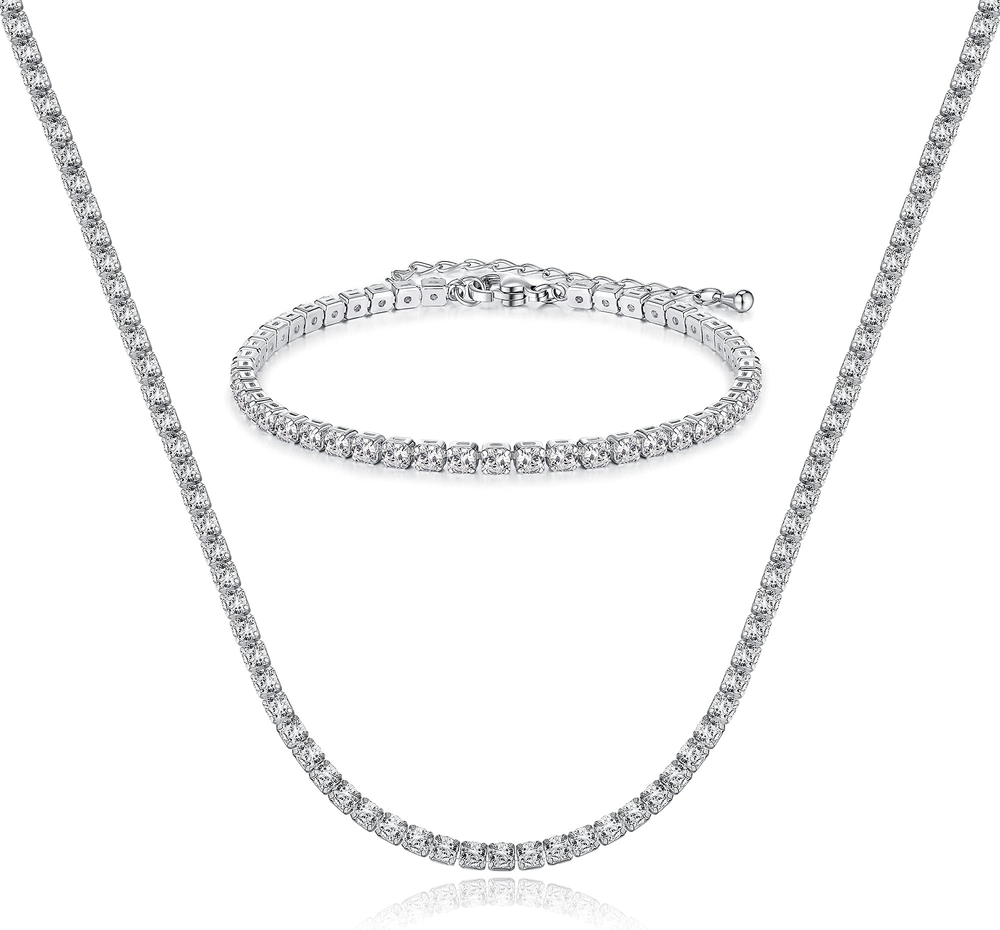 JINEAR 18K Gold/Silver Plated Cubic Zirconia Tennis Necklace Dainty Classic Magnificent Round Tennis Chain Choker Necklace for Women, 3mm necklace&bracelet set-silver, Brass, Cubic Zirconia
