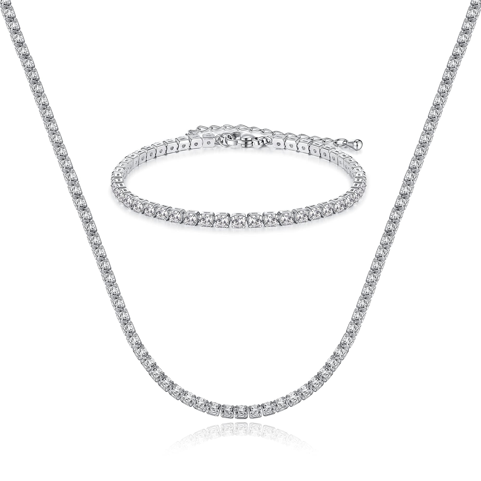 JINEAR 18K Gold/Silver Plated Cubic Zirconia Tennis Necklace Dainty Classic Magnificent Round Tennis Chain Choker Necklace for Women, 3mm necklace&bracelet set-silver, Brass, Cubic Zirconia