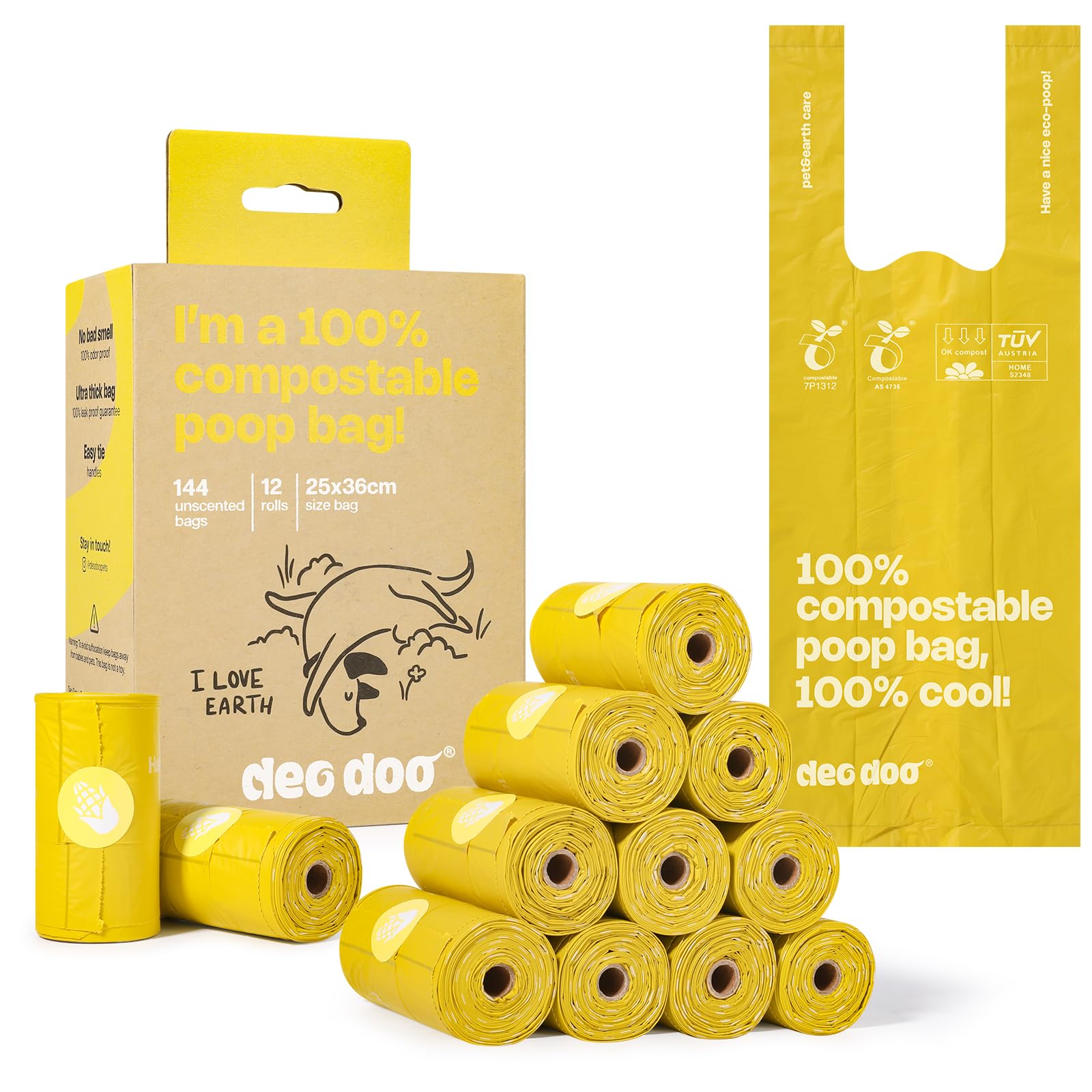 Kompostierbare Hundekotbeutelrollen mit Griffen, ASTM D6400- und EN 13432-konform, 144 Stück, biologisch abbaubare Hundekotbeutel für Hunde, auslaufsicher, extra dicke Kotbeutel zum Gassigehen