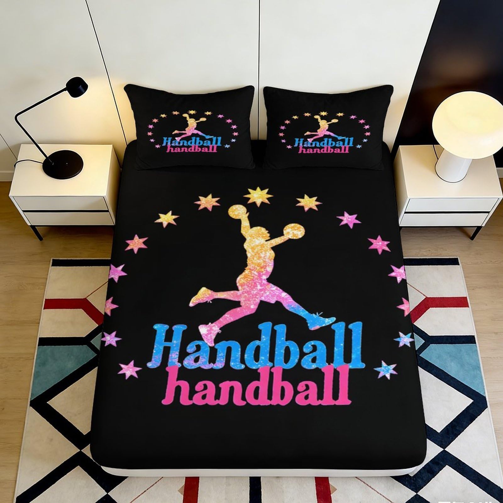 Jqzkxnhpbr Style-8 3D Printed Handball Player Fitted Sheet Microfiber Soft Black Star Decor Bed Cover For Bedroom Guest Room Protection 90X200x25cm