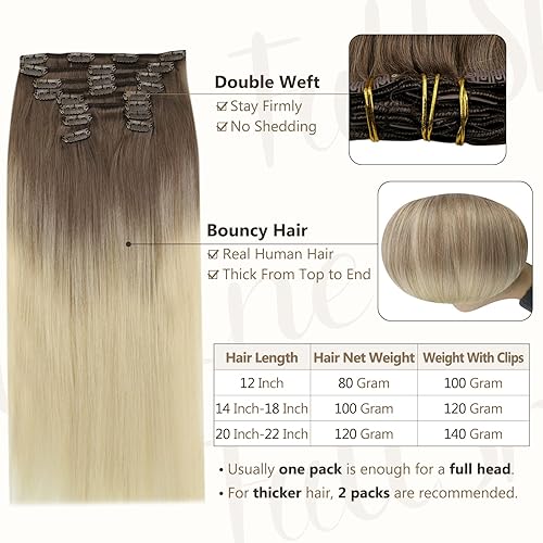 Miniatura 2 de Full Shine - Extensiones de cabello Remy con clip color marrón ceniza 8 que se desvanecen al color 60 extensiones de cabello humano rubio platino