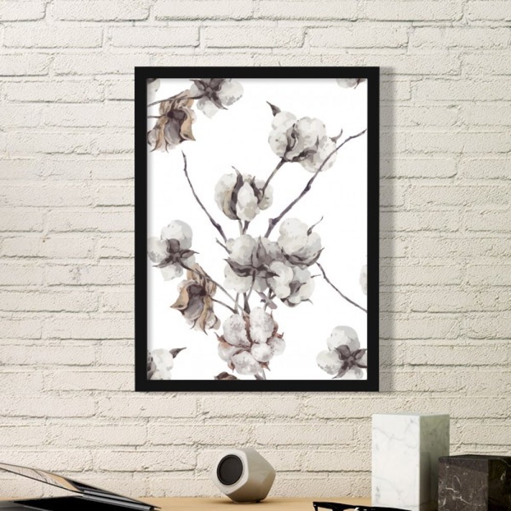 Art peinture fleurs blanches pour salon élégant et cadre en bois medium noir