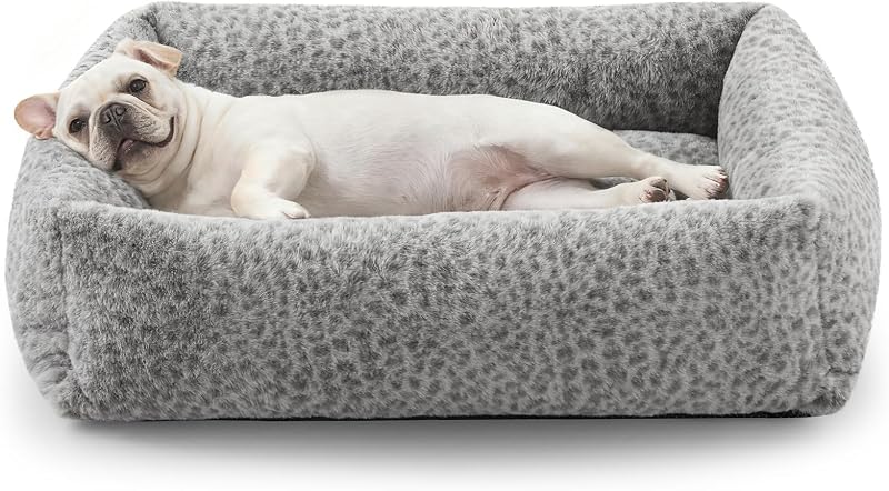Cama retangular para cães pequenos e médios JOEJOY com pelúcia de pelo sintético, capa removível e base antiderrapante, estampa Leopardo, Cinza, 63,5 x 53,34 x 17,78 cm
