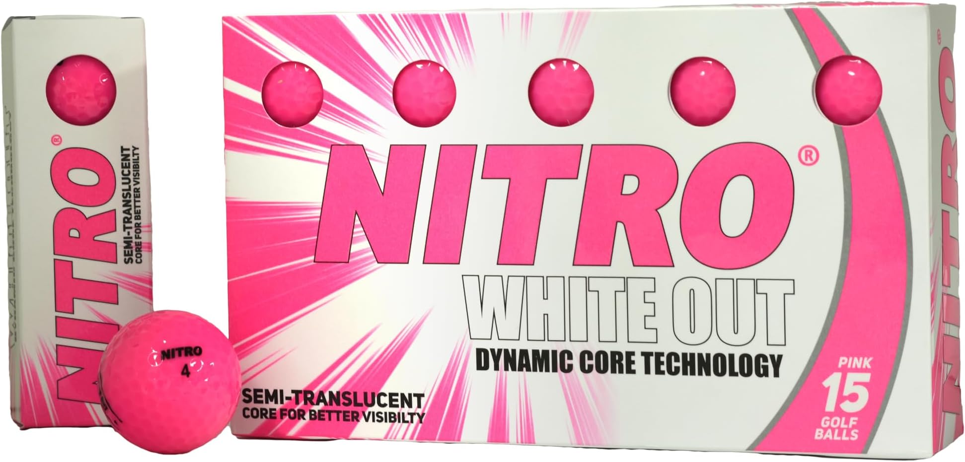 Nitro All Levels White Out 70 Compression High Velocity White Hot Core Long Distance Golf Balls USGA Approved-Total of 15-Hot Pink