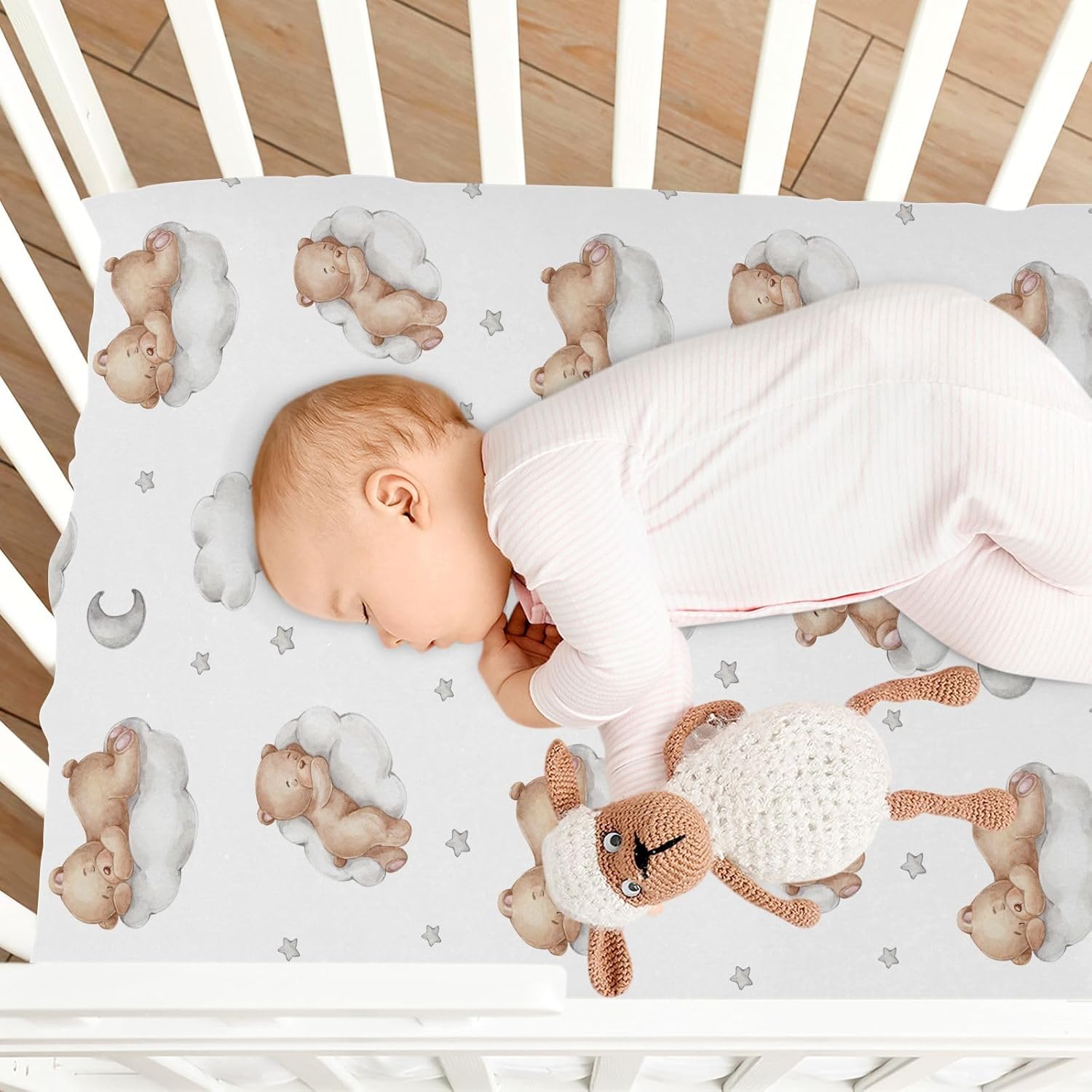 Vvfelixl Crib Sheets for Boys & Girls, Teddy Bears Clouds Pattern, Neutral, Mini Crib Mattress Sheets, Fitted, 52 * 28 * 9In, White