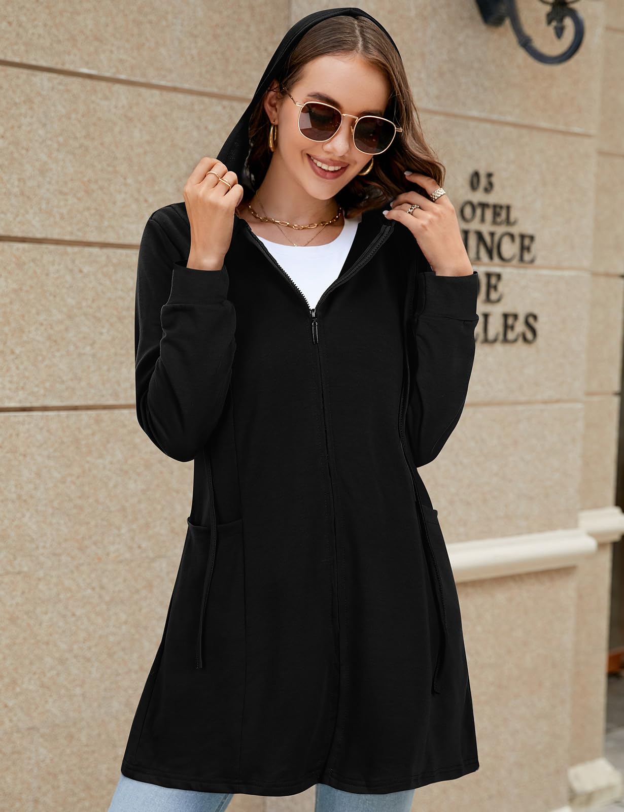 FlikityPlus Size Tops for Women, Zipper up Knee Length Hooded Cardigans  Long Sleeve Tunic Tops to Wear with Leggings Casual Office Work Blouses  Solid