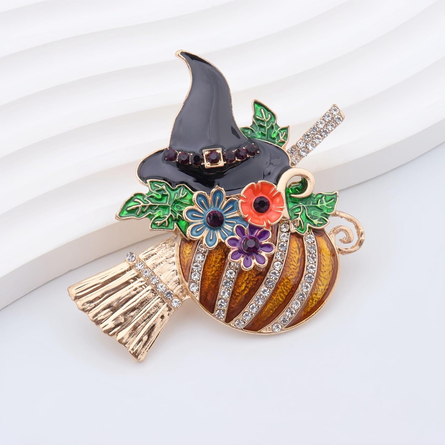 Fashion Pumpkin Witch Hat Brooch Pin for Women Enamel Broom Gold Plated Rhinestone Halloween thanksgiving Brooch Pin Costume Accessories Men Women Holiday Party Jewellery Gifts - Image 4