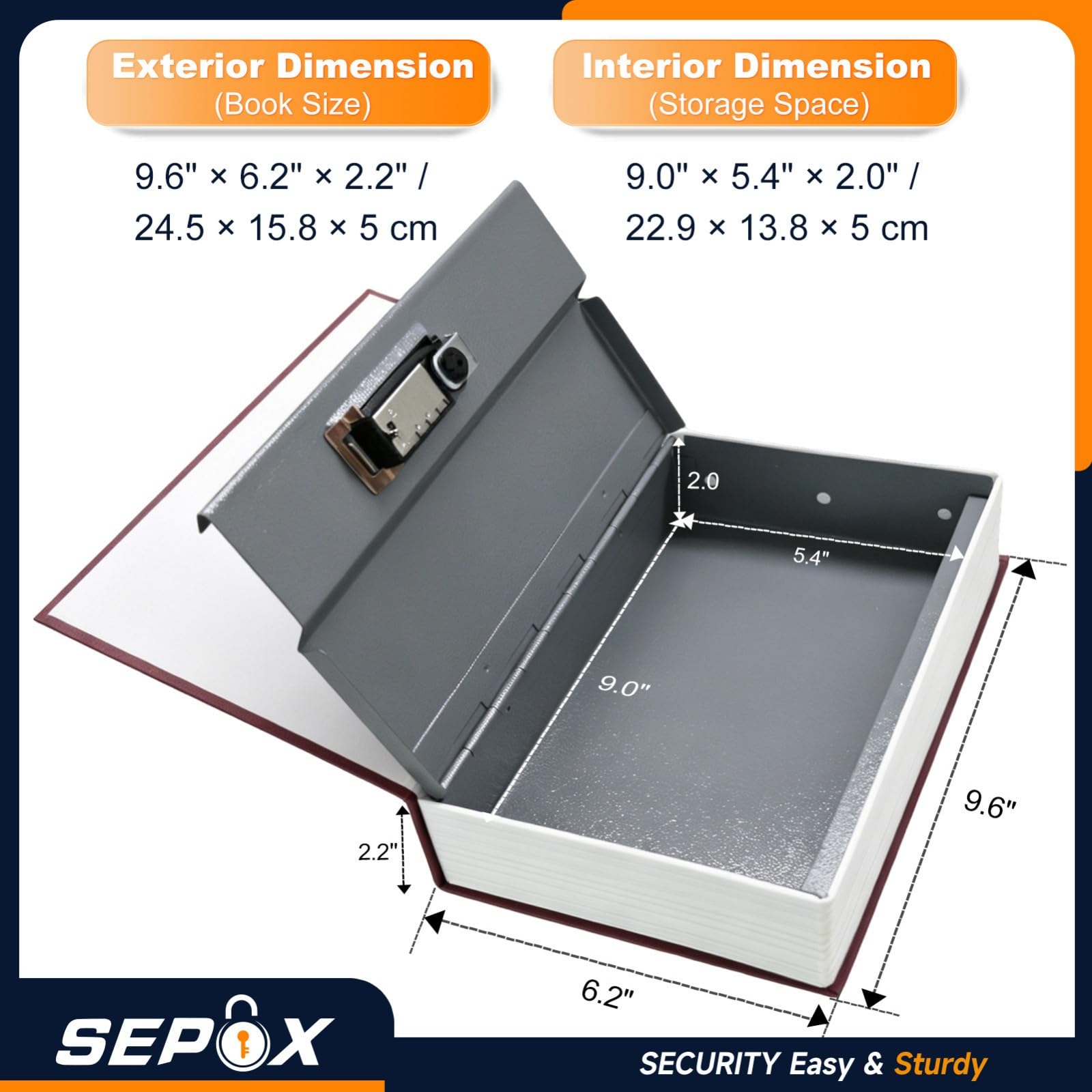 SEPOX Cassaforte portatile a forma di libro con chiave, 14 cm di profondità x 22 cm di larghezza x 4,1 cm di altezza, cassaforte nascosta, perfetta per viaggiare, conservare denaro, gioielli, telefono