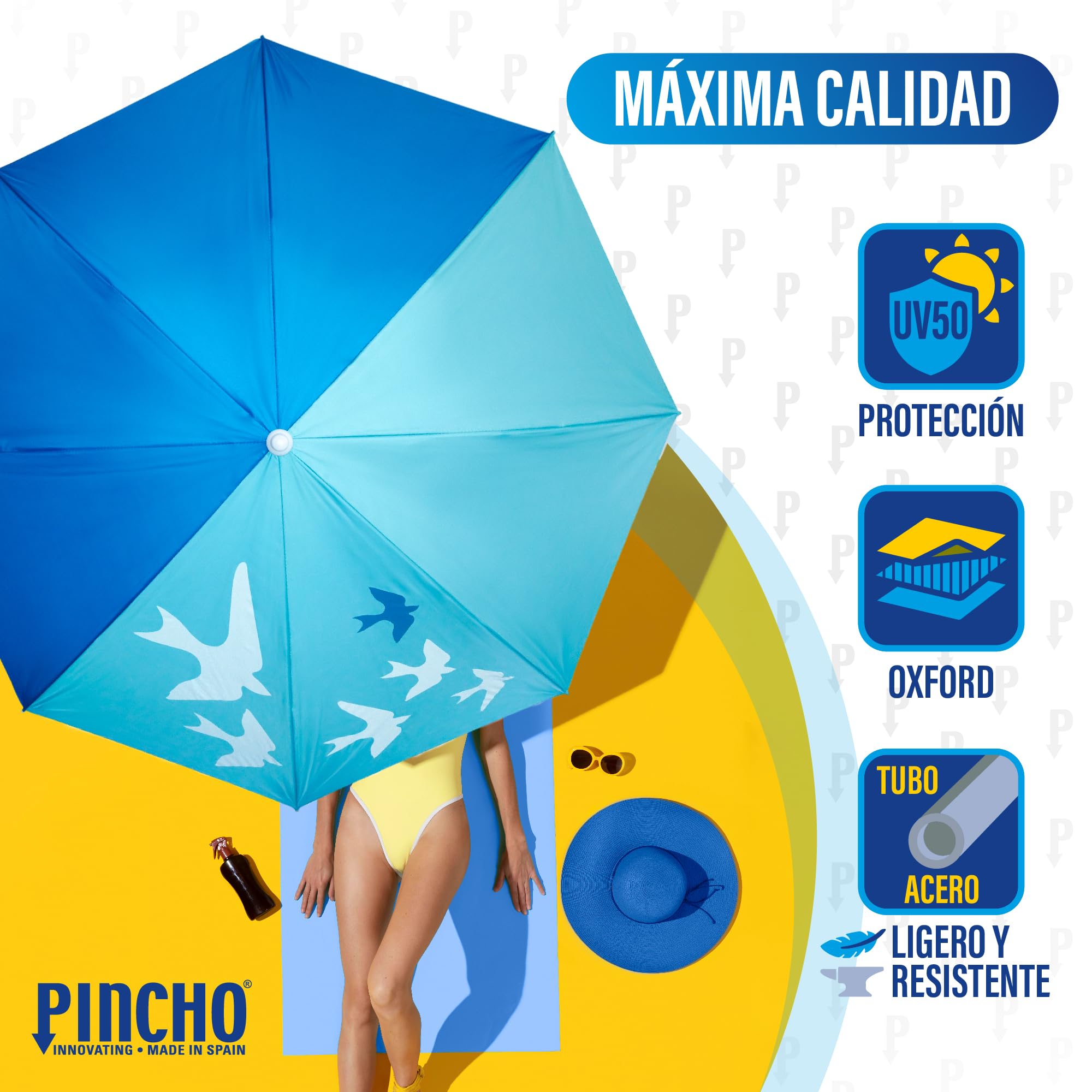 Pincho Ombrellone da spiaggia Ø180 cm Acciaio, tessuto poliestere con protezione UPF 50+, sistema, punta in alluminio e levetta, 8 aste in acciaio da 3 mm, reclinabile