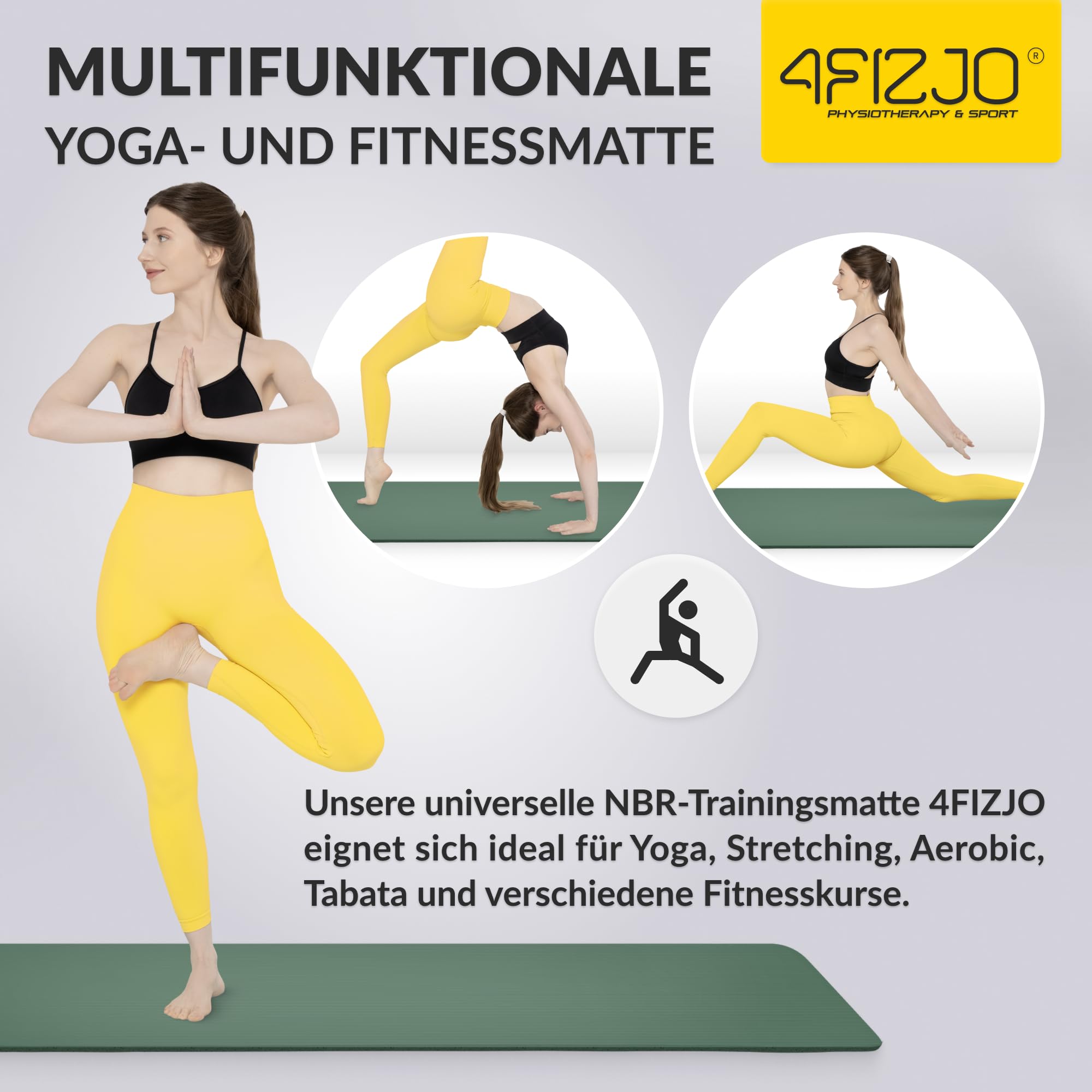 4FIZJO Fitnessmatte mit Tragegurt, Abm. 180x60 cm, NBR-Schaumstoff, Rutschfest, Komfort, In & Outdor, Pilatesmatte, Yoga Matte, Sportmatte, Gymnastikmatte, Trainingsmatte