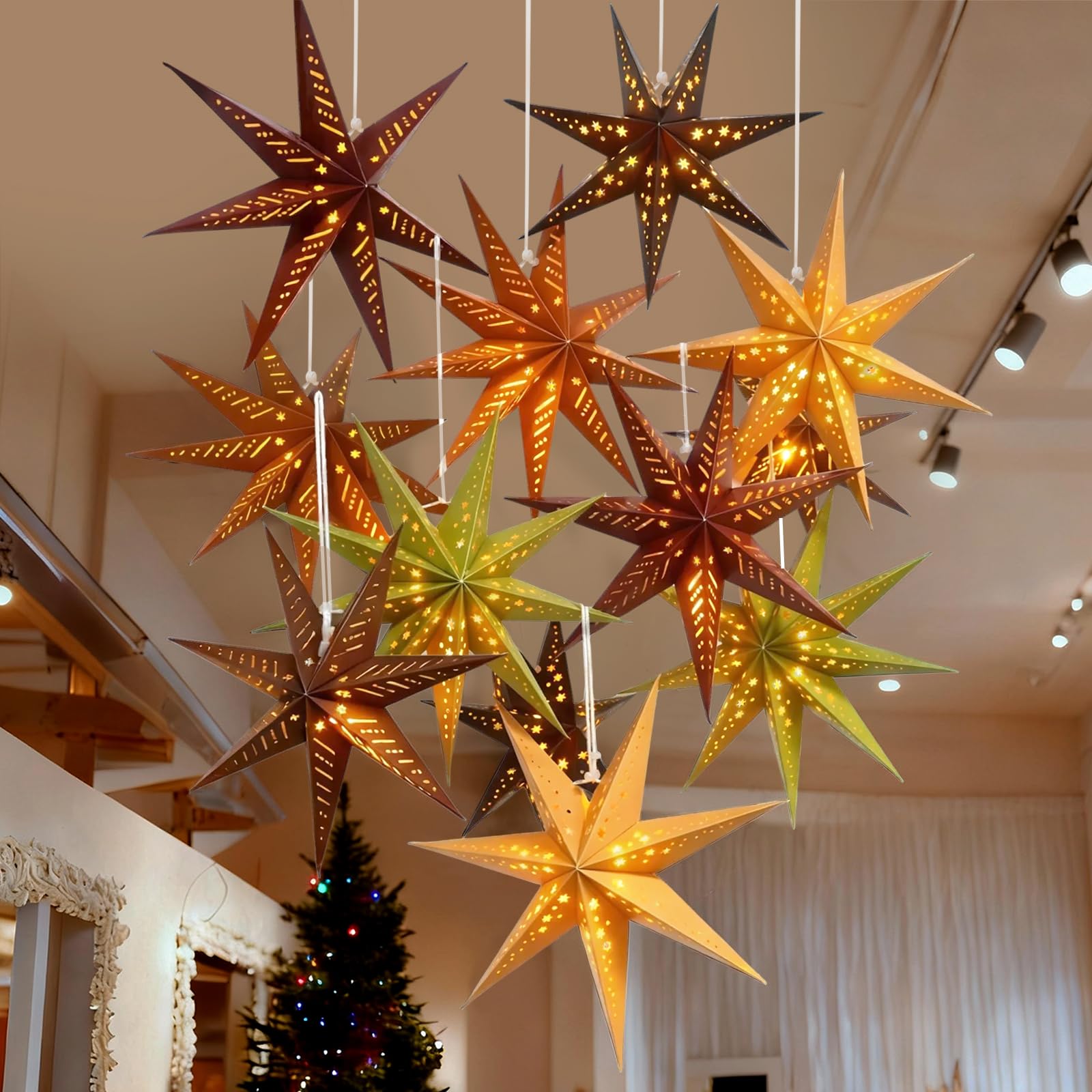 Photo 1 of **MISSING PIECES*** 12Pcs Hanging Christmas Decorations, Decorative Lighted Paper Star Lanterns, 3D Christmas Hanging Lamp Shade Foldable for Xmas Winter Wedding Party Farmhouse Vintage Home Decor Indoor