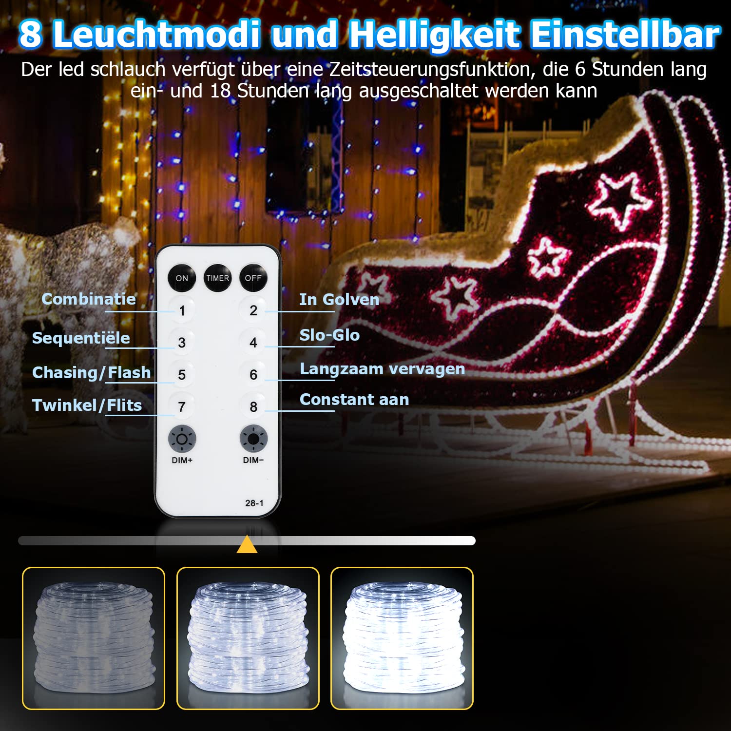 Manguera de luz LED de 20 m, 200 LED, resistente al agua, con mando a distancia y temporizador, para exteriores, balcón, terraza, boda, fiesta, luz blanca fría