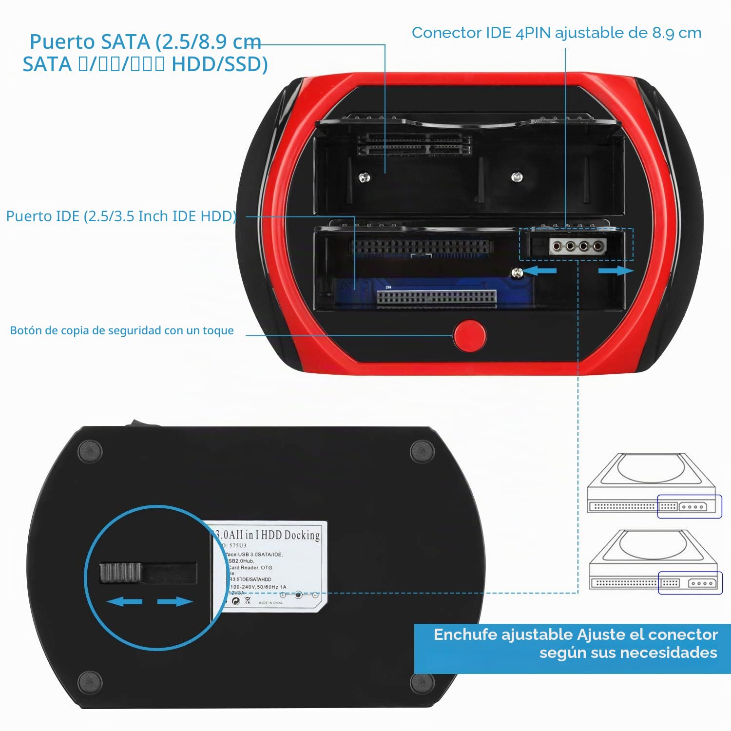 USB 3.0 Estación de Acoplamiento del Disco Duro, TCC-S868-DE USB 3.0 a 2.5 3.5 Pulgadas IDE SATA Doble Ranuras Caja Externa de HDD, para 2.5" 3.5" IDE SATA I/II/III HDD SSD