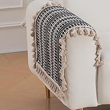 HOKIPO 'Artisan Boho Series' 450 GSM Sofa Arm Cover | Cotton Acrylic Jacquard Fabric Armrest Cover with Tassel, 50x70 cm, 1 Pair, Charcoal Black (IN-899-A3*2SC)