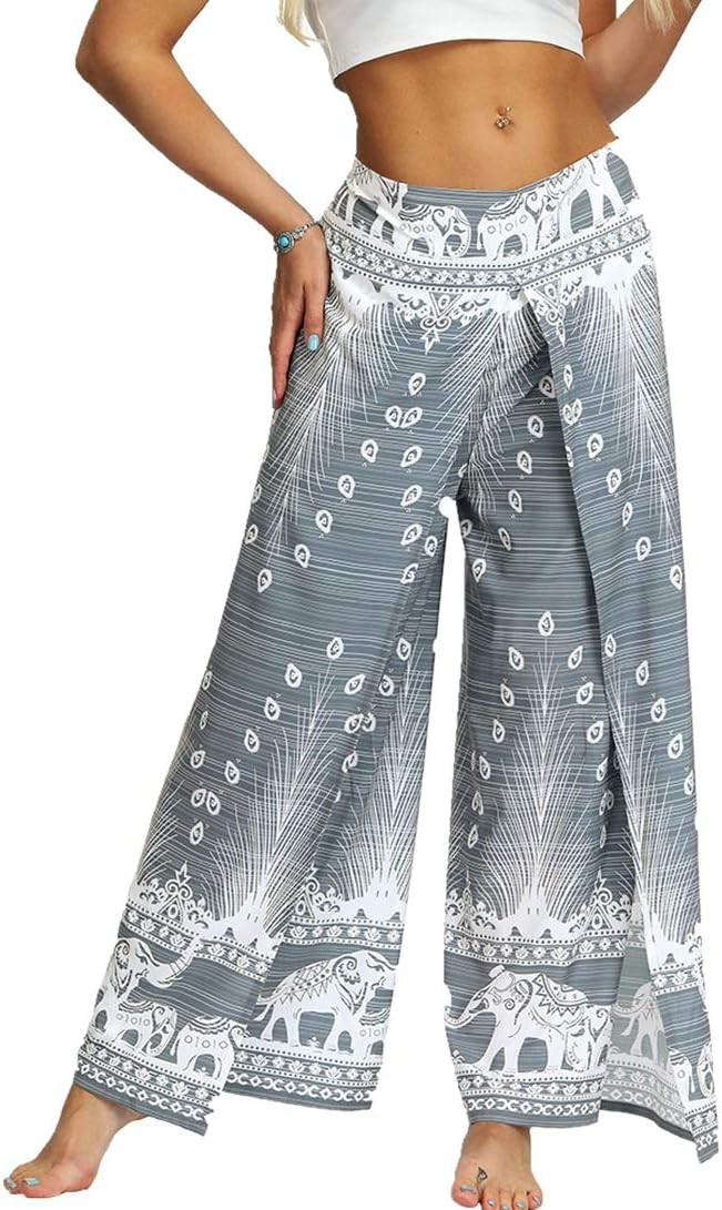 Womens Palazzo Slit Wide Leg Pants Summer Casual Beach Boho Hippie Bohemian Pilate Plus Size 10-18