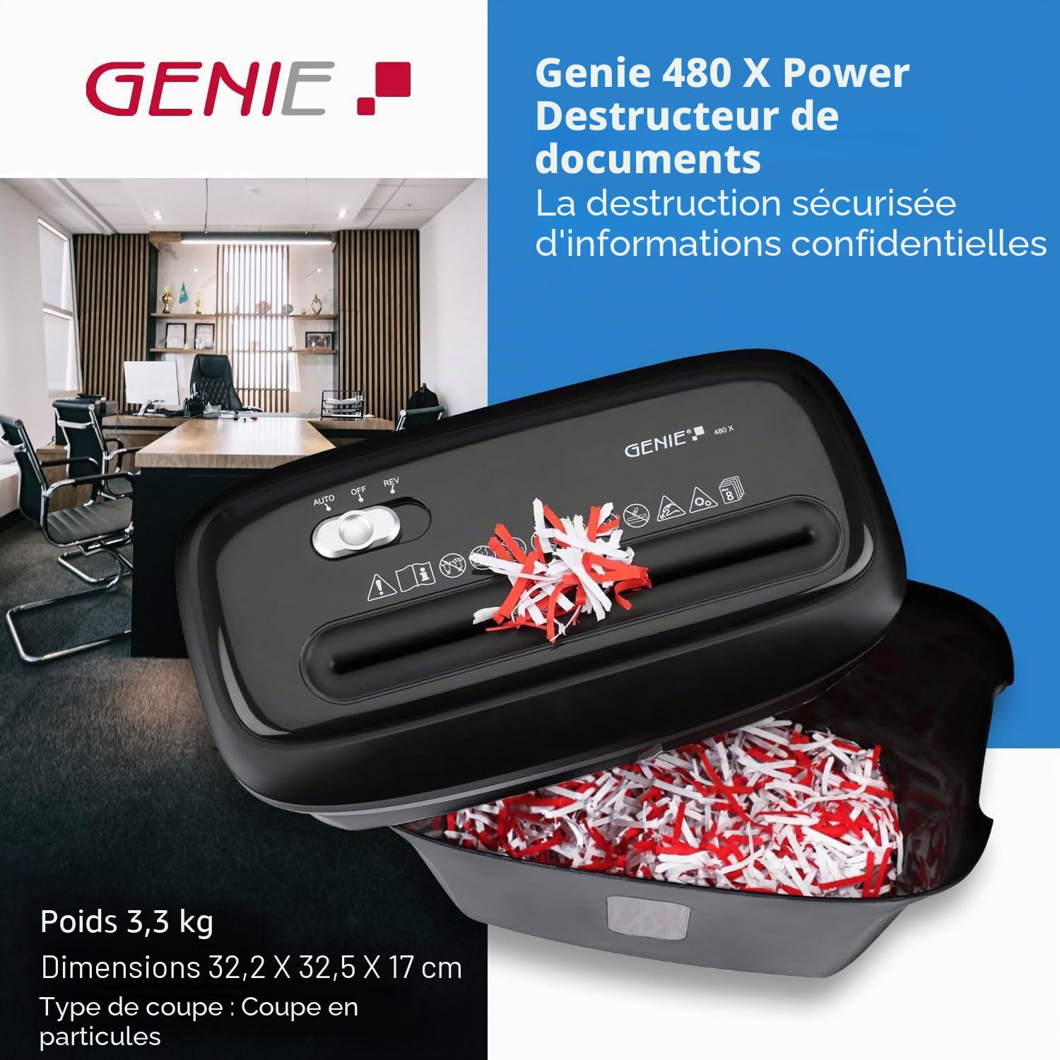 Genie Destructeur de documents 480 x | Broyeur de papier 8 feuilles | Coupe à particules | Niveau de sécurité P-4 | Fonction marche/arrêt automatique | Corbeille à papier de 12 l | Protection contre