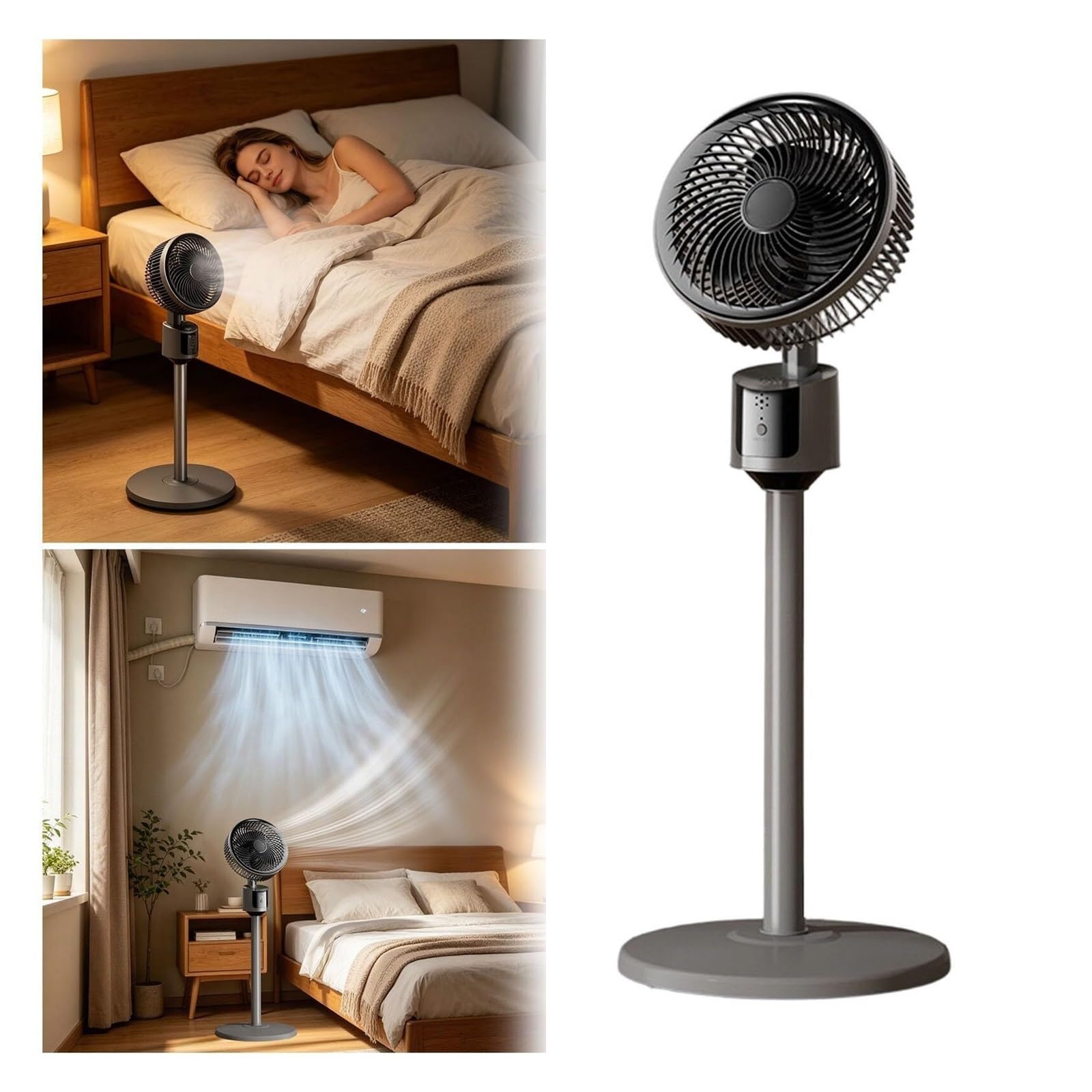 Ventilatore a piantana molto silenzioso, potente ventilatore estivo | Con 3 velocità, potente raffreddamento per camera da letto, soggiorno e casa, silenzioso (grigio)