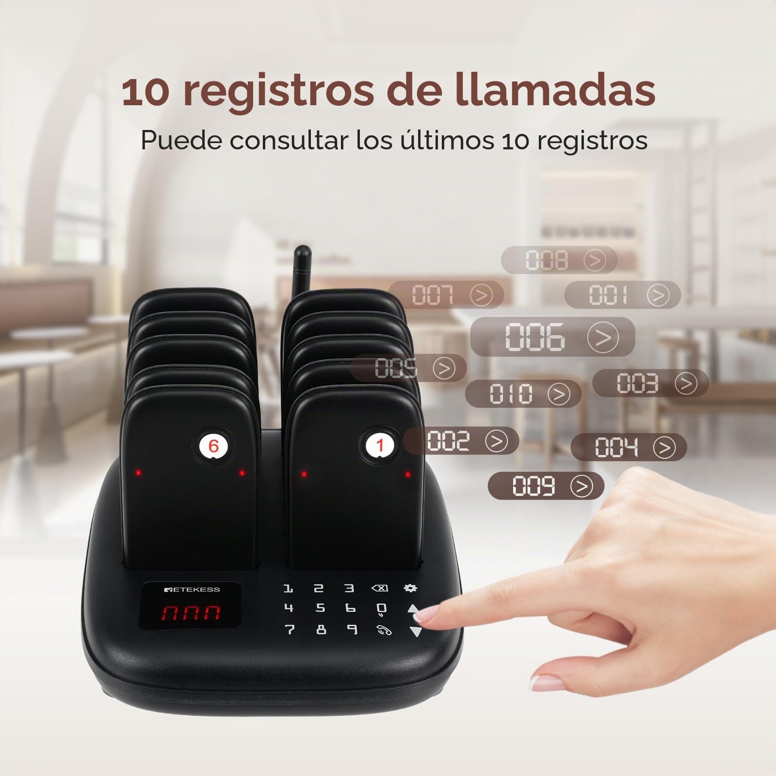Retekess TD175S Buscapersonas Rufsystem, Sistema de Buscapersonas para Restaurante, Exterior 800m, 7 Modos de Llamada con Vibración, Botón Táctil Fácil de Limpiar, para Coches Comedor (10 pagers)