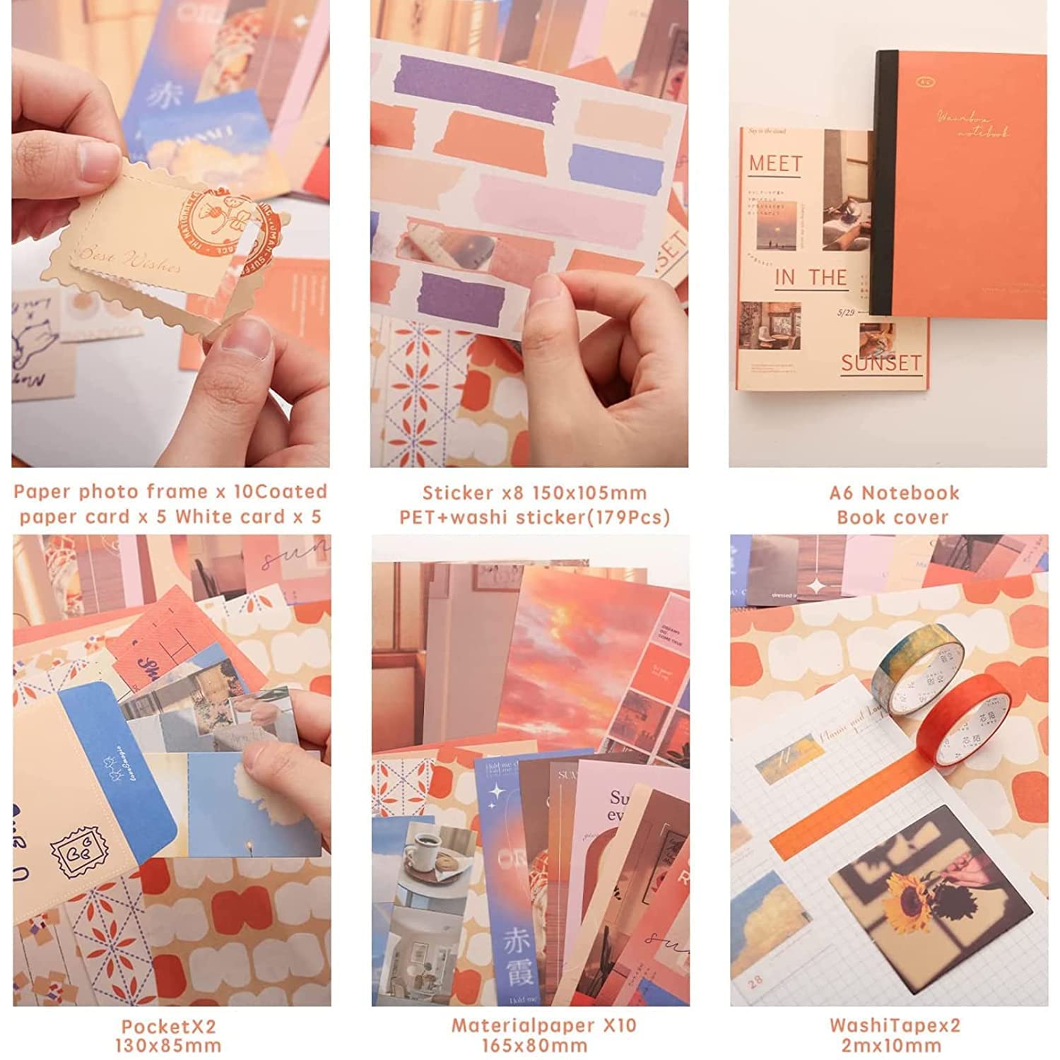 KELUMIE Scrapbook Kit Daily Journal Scrapbooking A6 Grid Notebook Summer Craft ATR Stationery DIY Journaling Craft Kit Gift for Girls, Woman, Kids, Teen (Sunset) 1