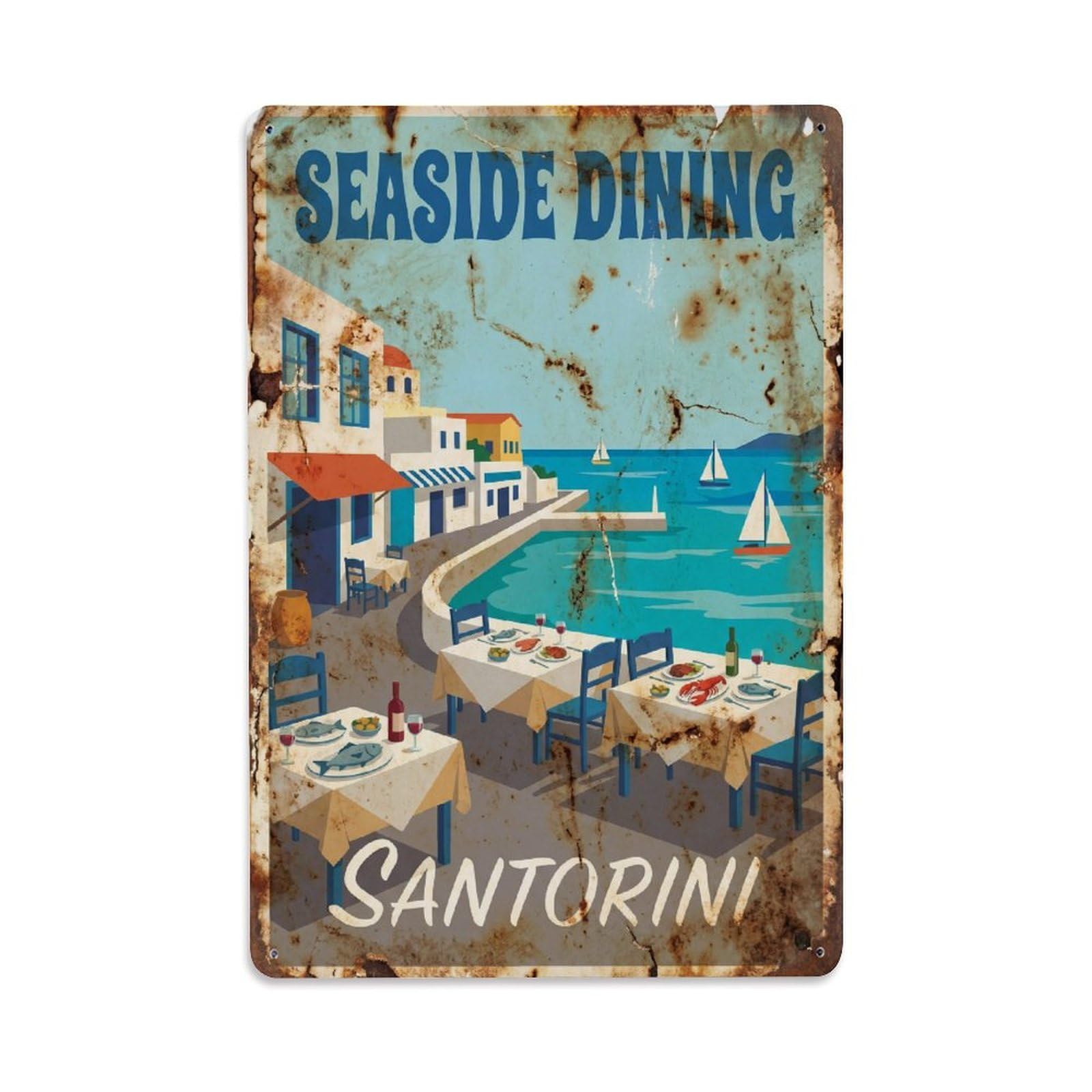 Gead 8X12inch Style Vintage Travel Santorini Seaside Dining Metal Tin Sign