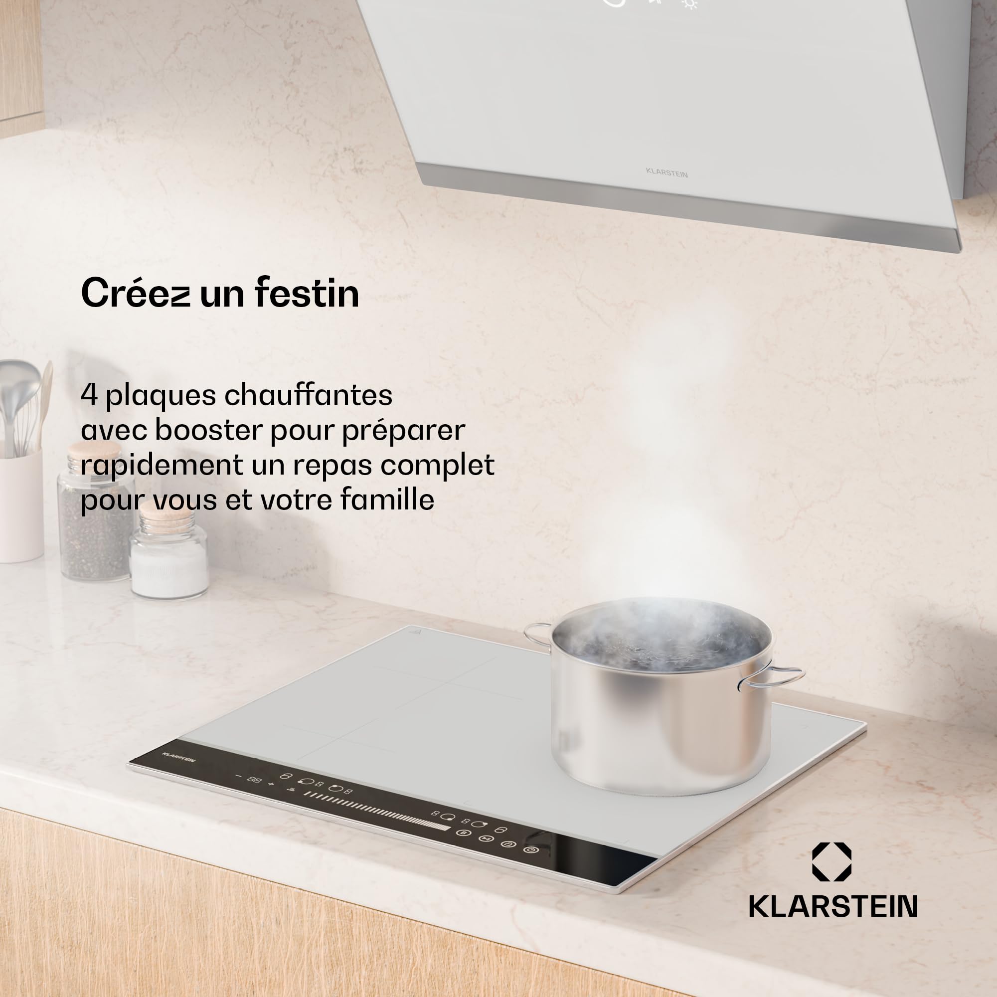 Klarstein DualTone Hybrid Plaque Cuisson à Induction - 4 Zones, 7200 W, Flex Zone, Commande par Curseur, Fonction Booster & Minuterie, Cadre Aluminium, Blanc, 60 cm