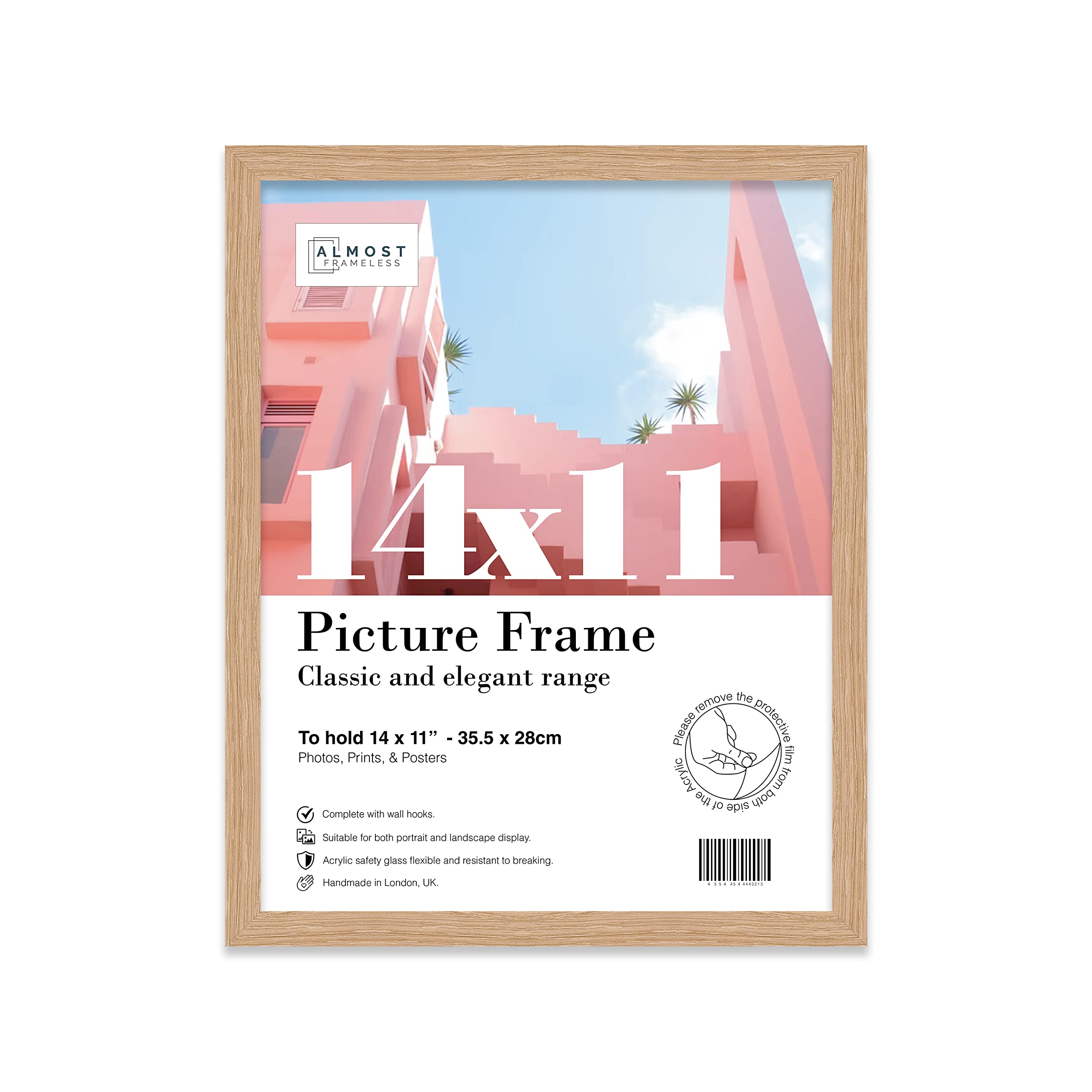 Almost Frameless 14x11 Oak Picture Frame 14"x11"(35.6x27.9cm) Poster, Photo, Artwork, or Print. Thin Edge Slim Frame Portrait and Landscape Display with Wall Hooks