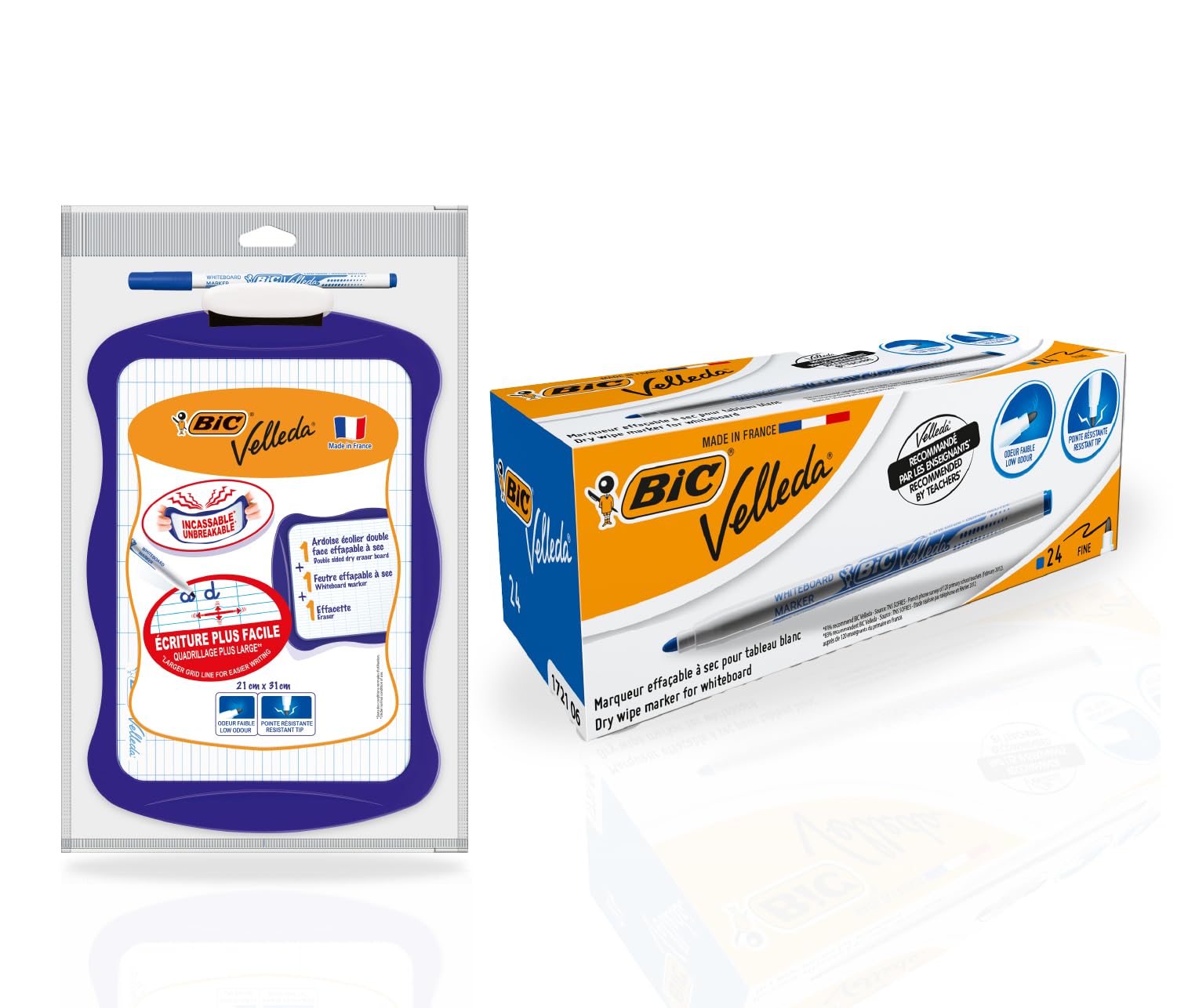 Feutres BIC Velleda 1721 Bleus et Grand Tableau Ardoise Effaçable à Sec