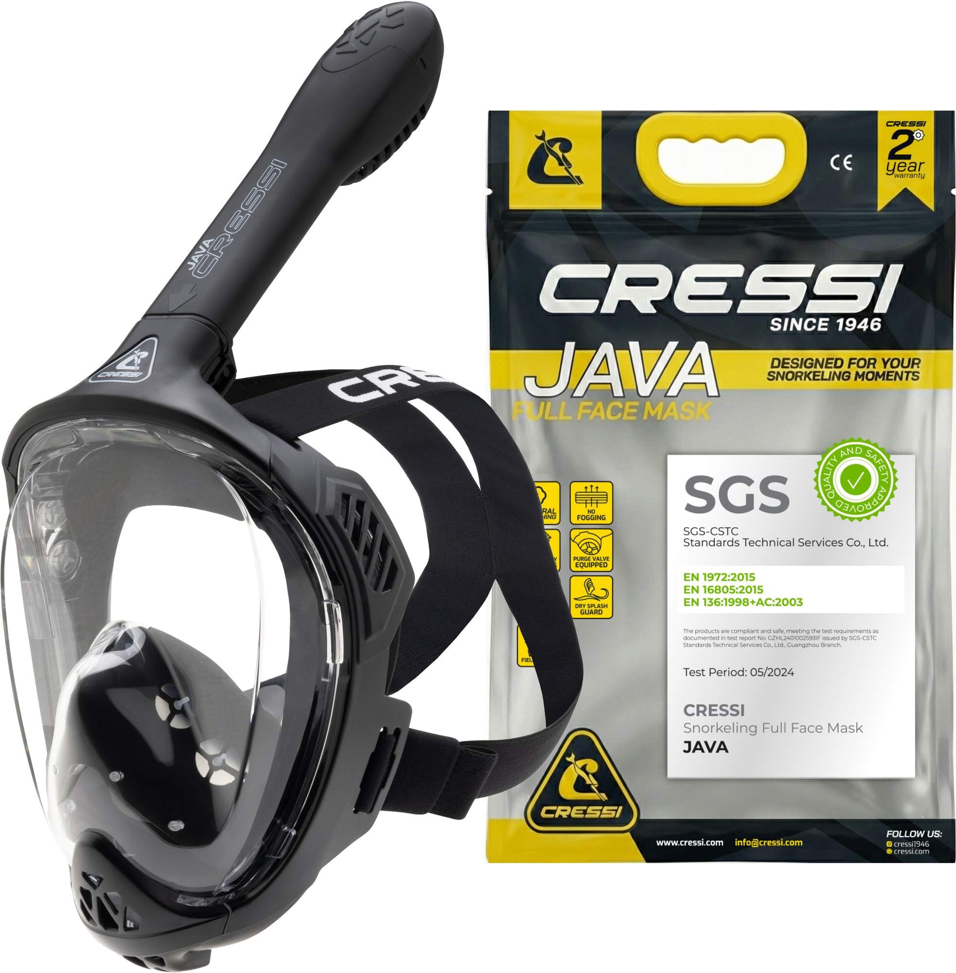 CRESSI Java Full Face Mask Black/Blue L/XL-Full Face Compact Fit Snorkel Mask, Ultra Clear Anti Fog Lens, 100% Silicone, Snorkel Dry with Safety Valves, Black/Black, L/XL