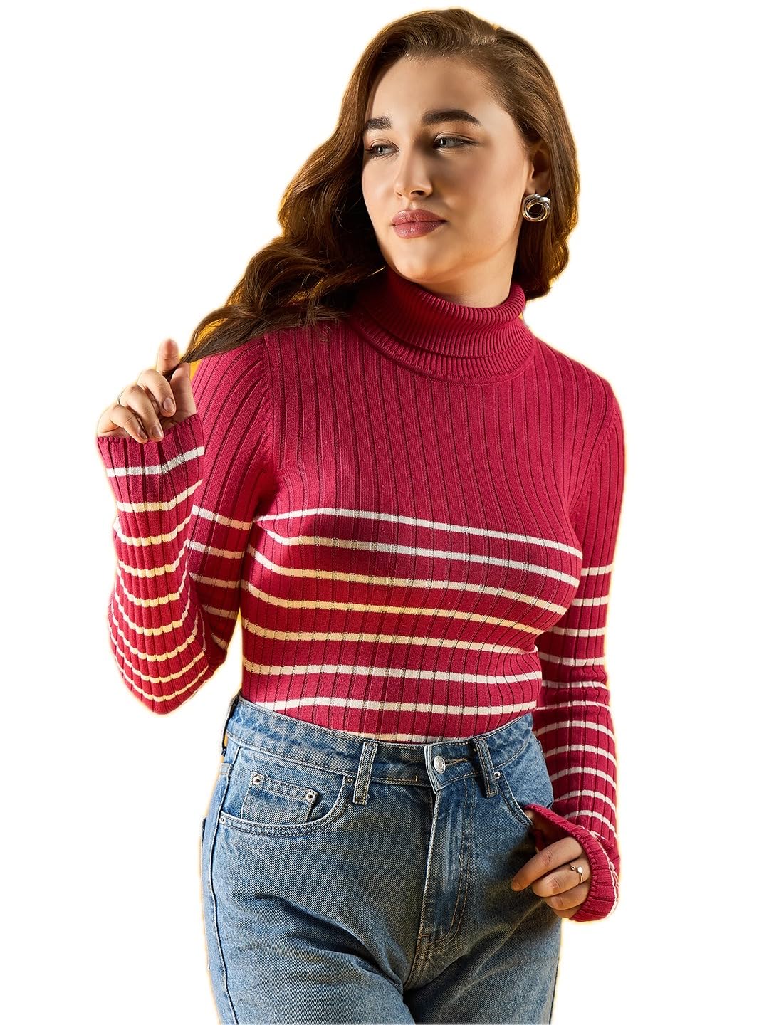 98 Degree Women Pure Cotton Turtle Neck Sweater Has A Full Sleeve & Straight Hem-AW25AZG1157-BLACK