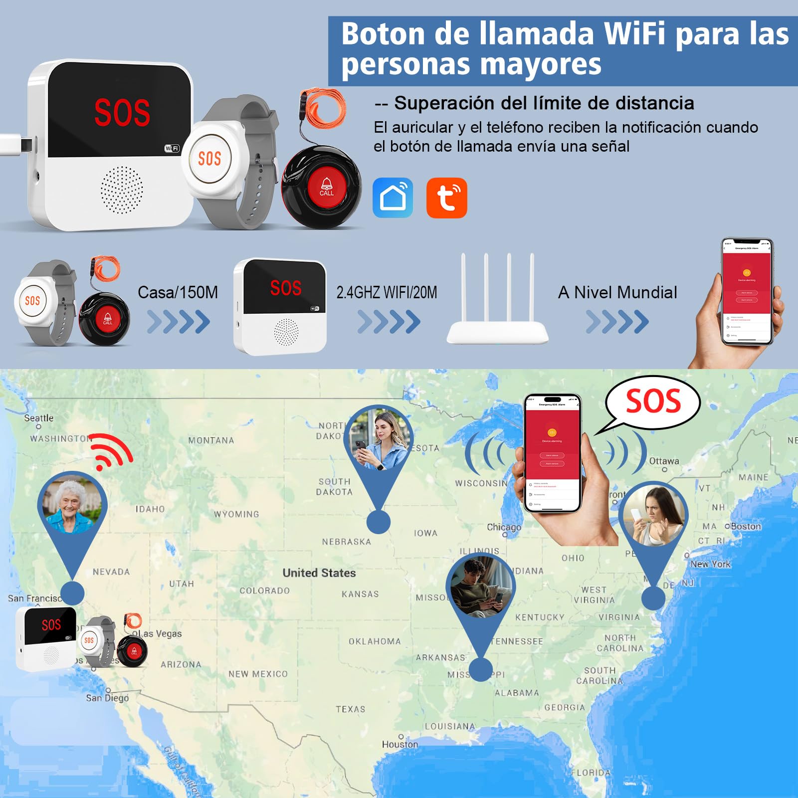 ChunHee Avisador Personas Mayores Botón Emergencia Ancianos Tuya WiFi Smart Senior Sistema de Alerta de Llamada de Emergencia para Pacientes Mayores Discapacitados (Versión enchufable (con reloj 2-1))