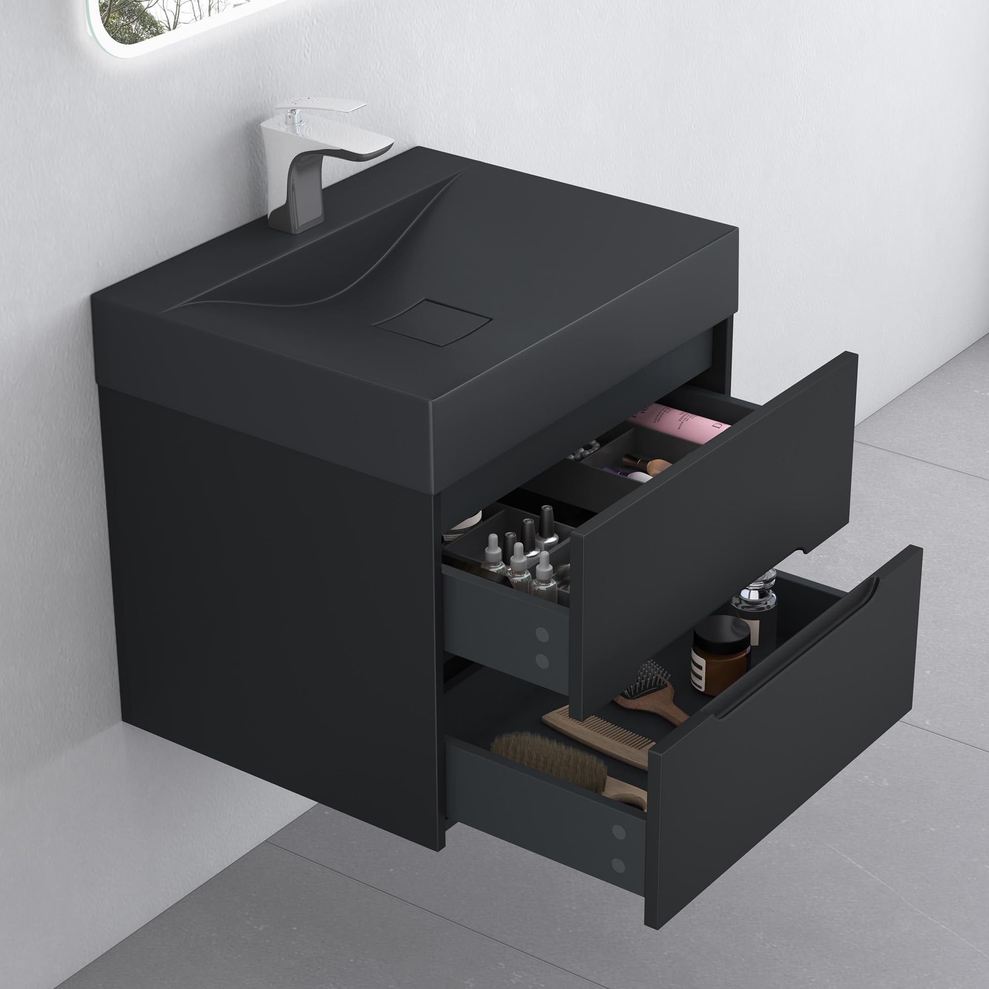 doporro Meuble de Salle de Bain Suspendus Noir Mat 60x48x56cm Ensemble de 2 Pièces Meuble avec Lavabo Design Yoga-Lackier