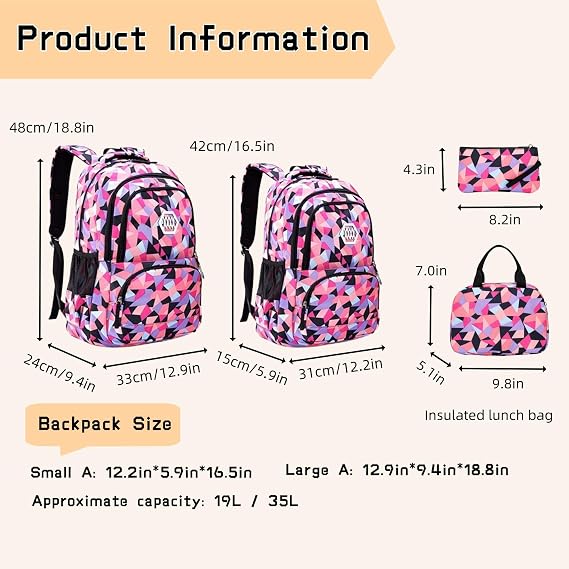 Bansusu 3Pcs Geometric Print Kids Backpack Set for Girls with Lunchbox, Capacity Elementary Middle School Bag Girls Backpack and Lunchbox Set