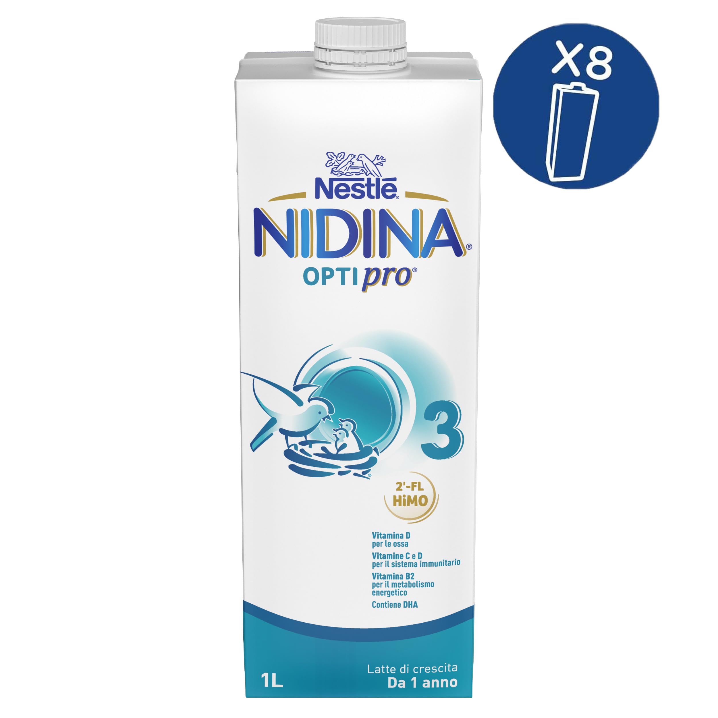 NESTLÉ NIDINA Optipro 3 Latte di Crescita Liquido per Bambini da 1 anno, 8 Brick da 1L (8L)