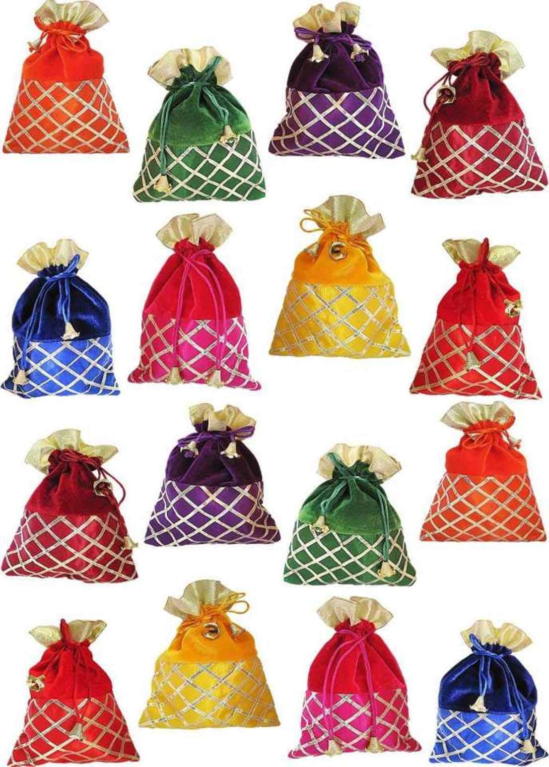 Jainsaab Women's Criss Cross Gota Silk and Velvet Fabric Multicolour Shagun Pouch Potli Pack of 16