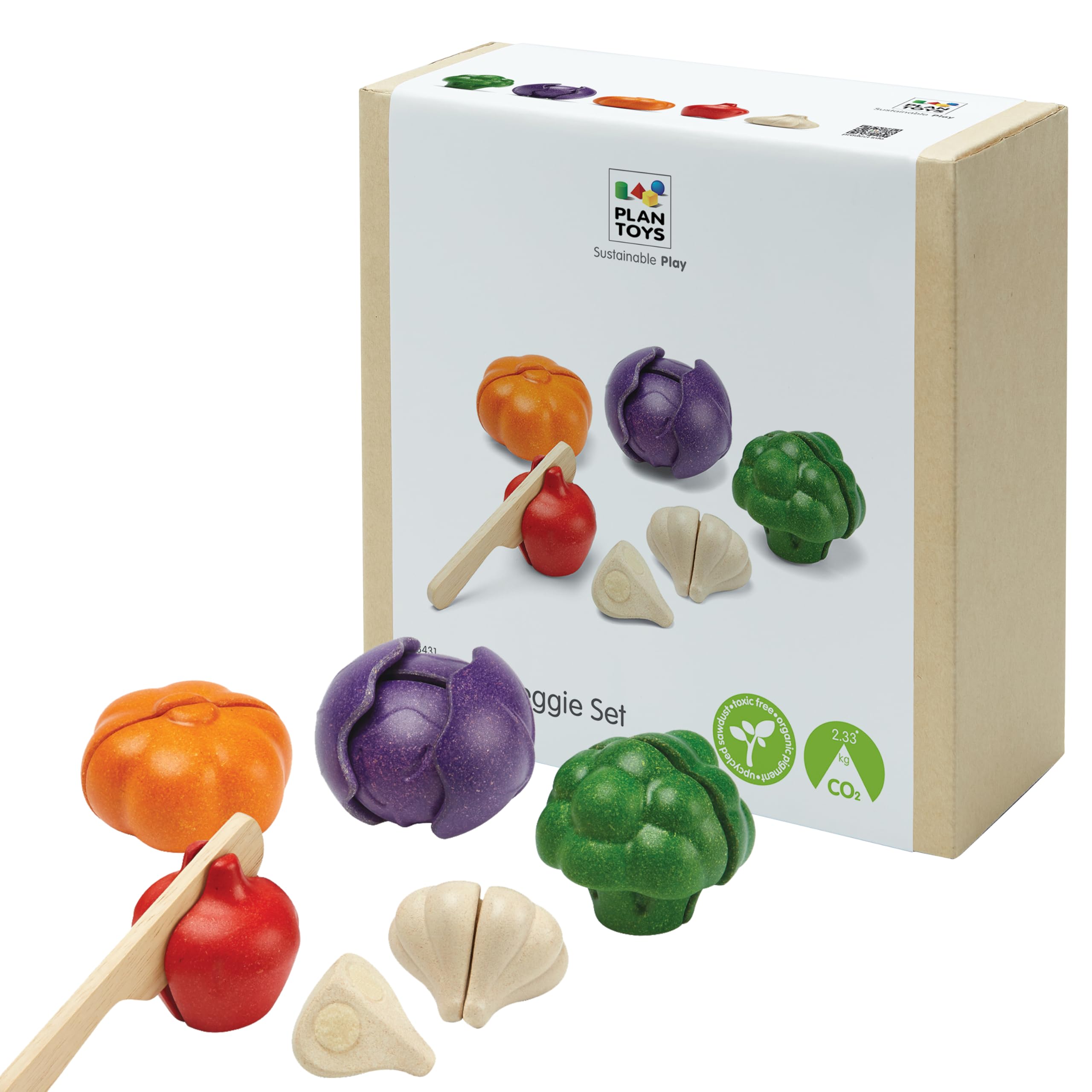 PlanToys 5 Wooden, Colorful Vegetable (Veggie) Food Playset (3431) | Sustainably Made from Rubberwood and Non-Toxic Paints and Dyes.