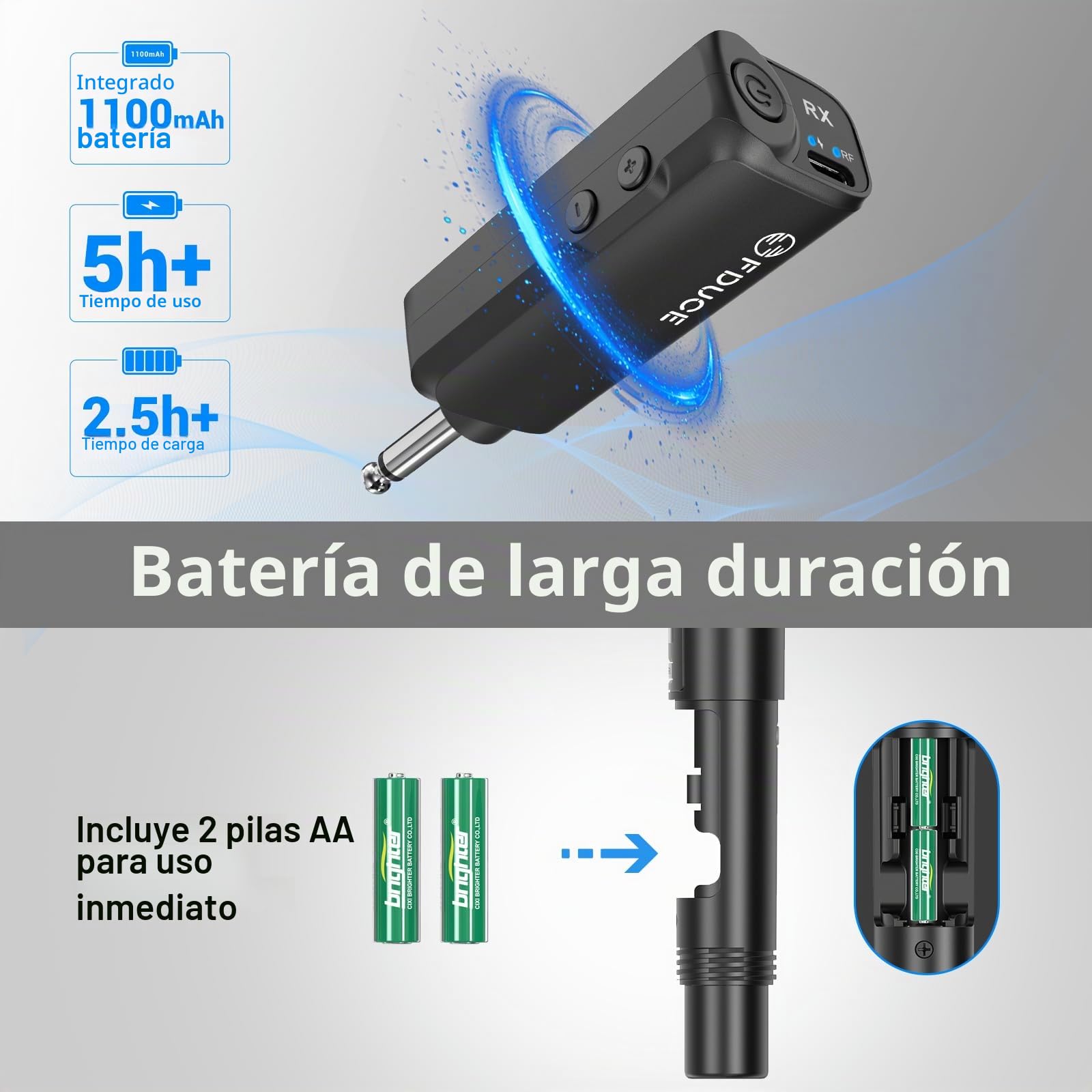 FDUCE W30 Micrófono Inalámbrico, Micrófono Dinámico UHF, Receptor Recargable con Botón de Ajuste de Volumen, para Karaoke, Canto, Fiesta Familiar (60 m)